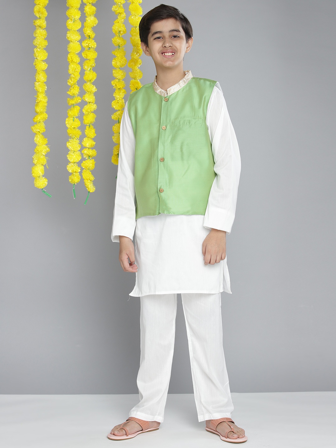 

YK Teen Boys Green & White Kurta with Pyjama & Nehru Jacket
