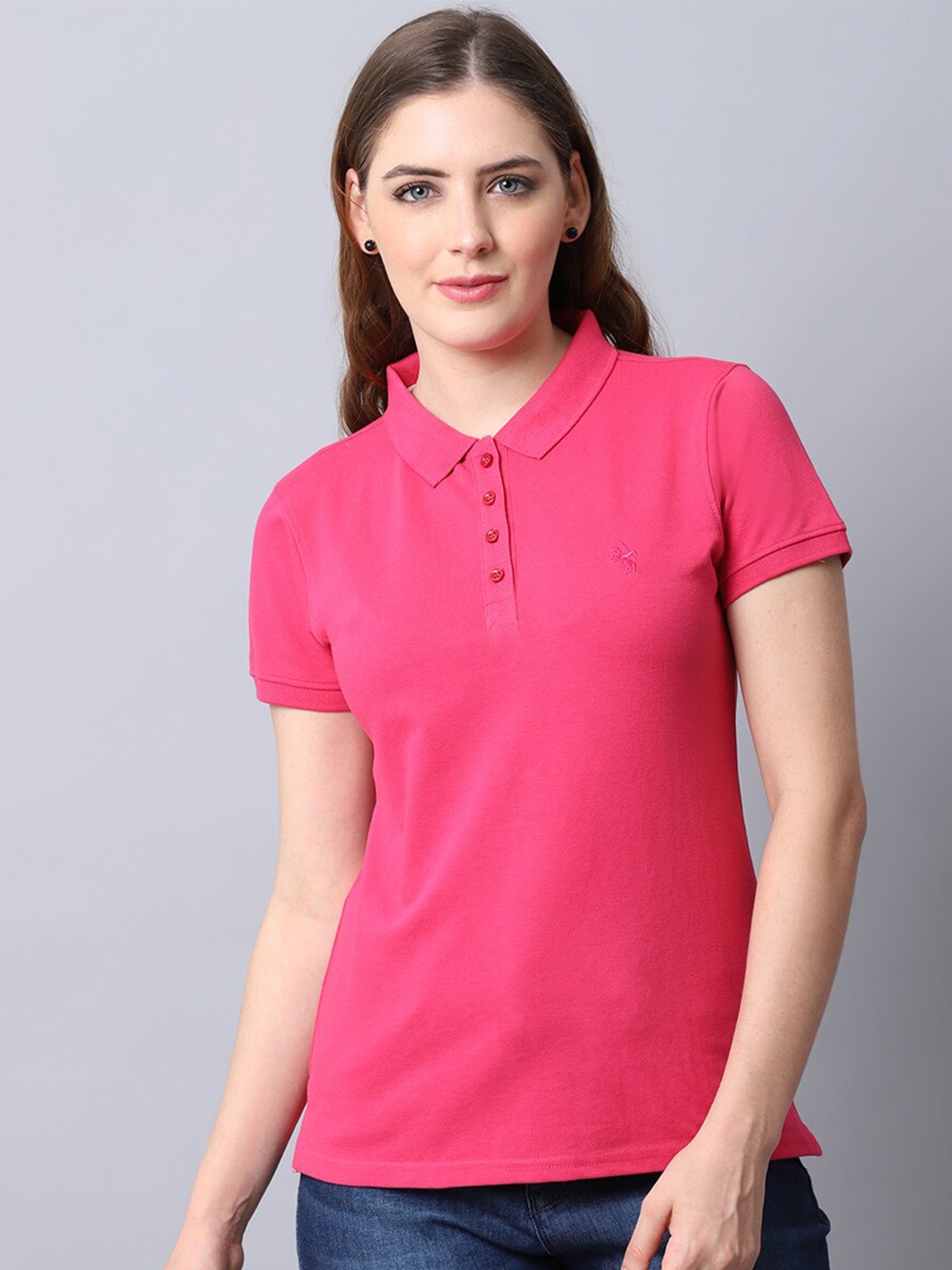 

Cantabil Women Pink Polo Collar T-shirt