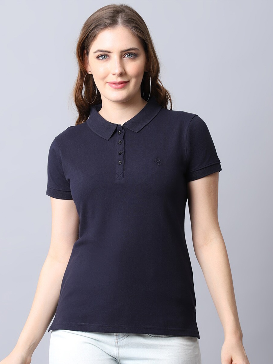 

Cantabil Women Navy Blue Polo Collar T-shirt