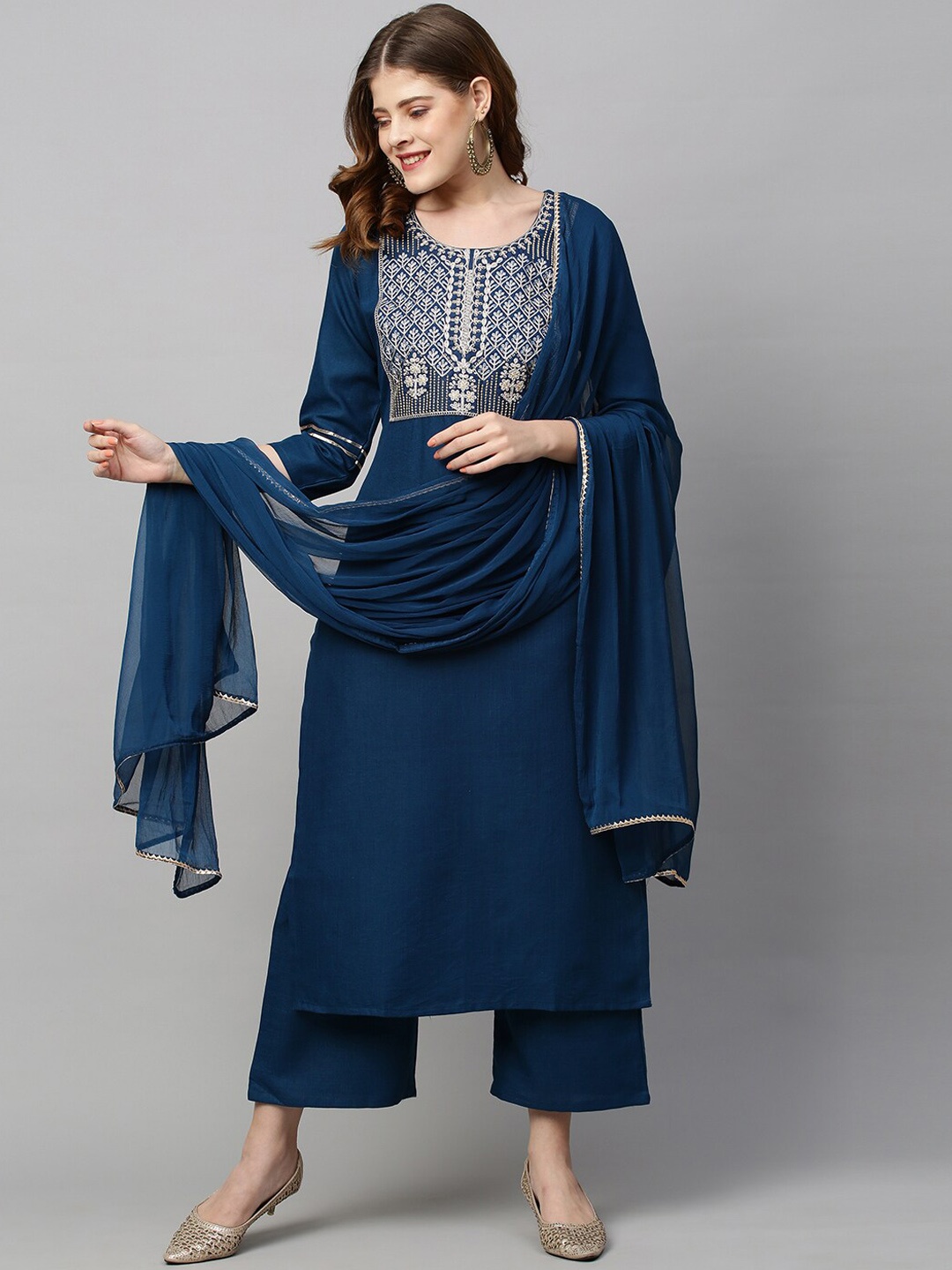 

GoSriKi Women Blue Ethnic Motifs Kurta with Palazzos & With Dupatta