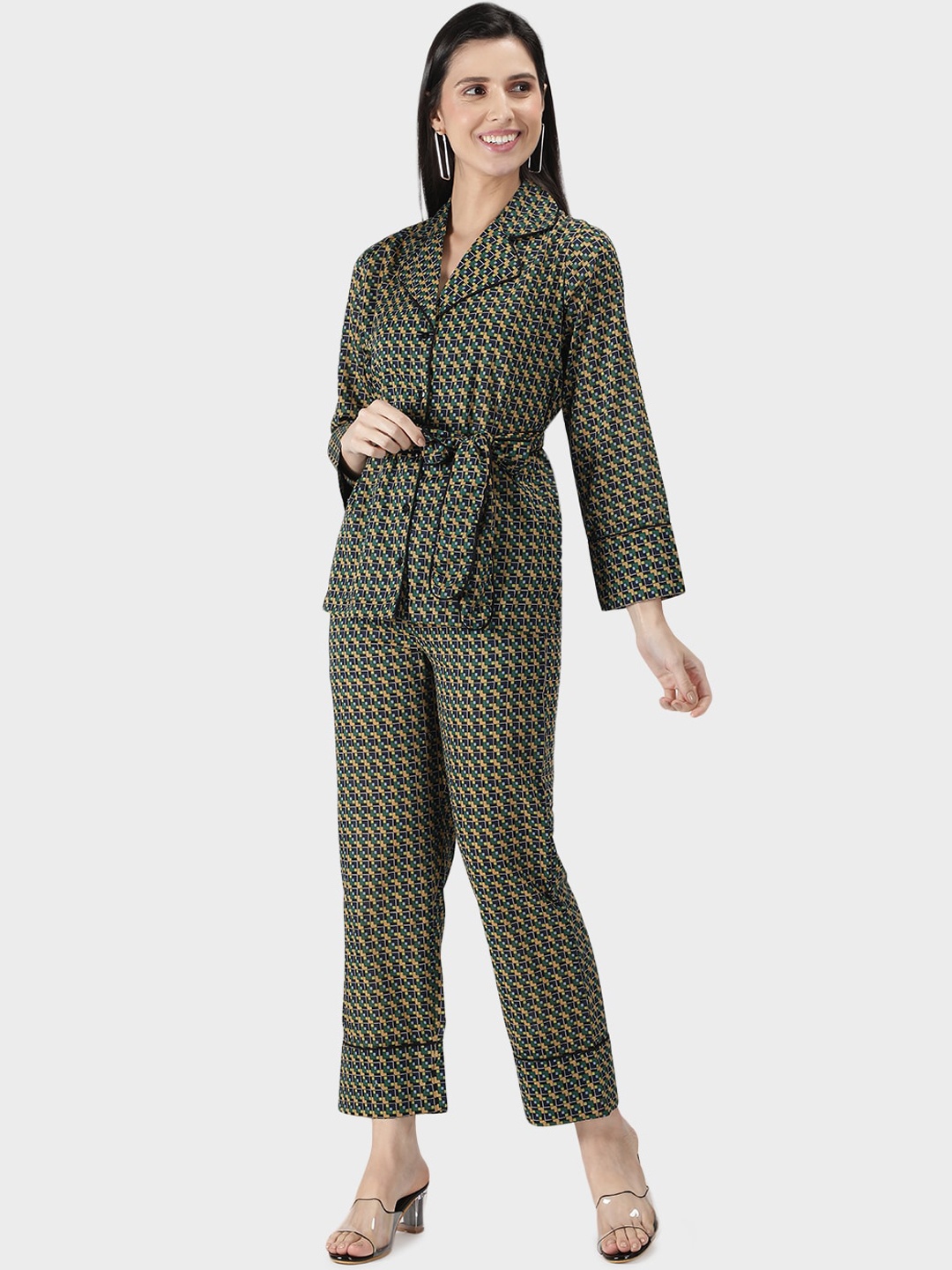

DUSK ATTIRE Women Green & Navy Blue Checked Night suit