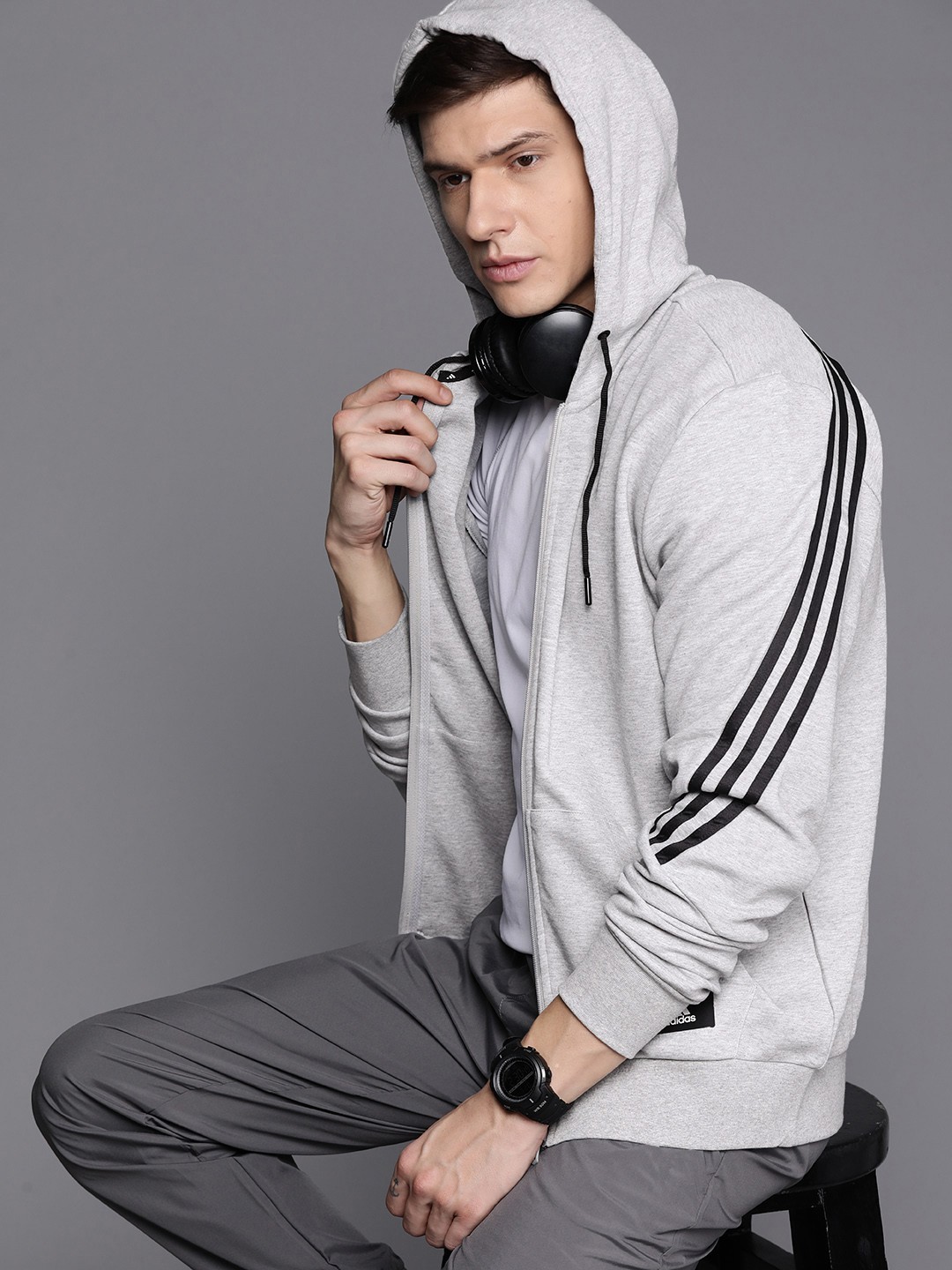 

ADIDAS Men IN SMU 3S FZ HD Melange Effect Training Hooded Sweatshirt, Grey melange
