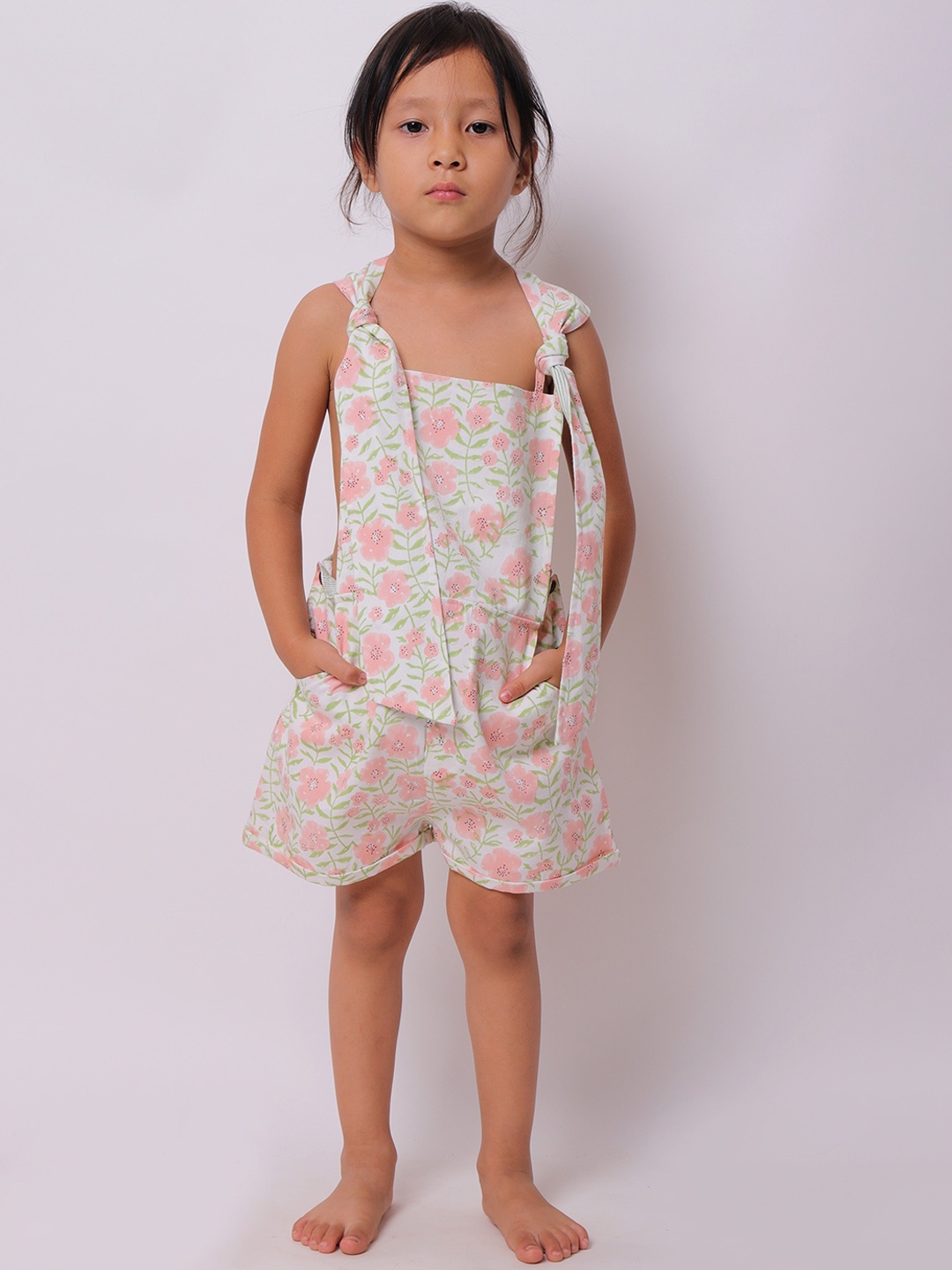 My Little Lambs Girls Pink Floral Pure Cotton Short Dungrees