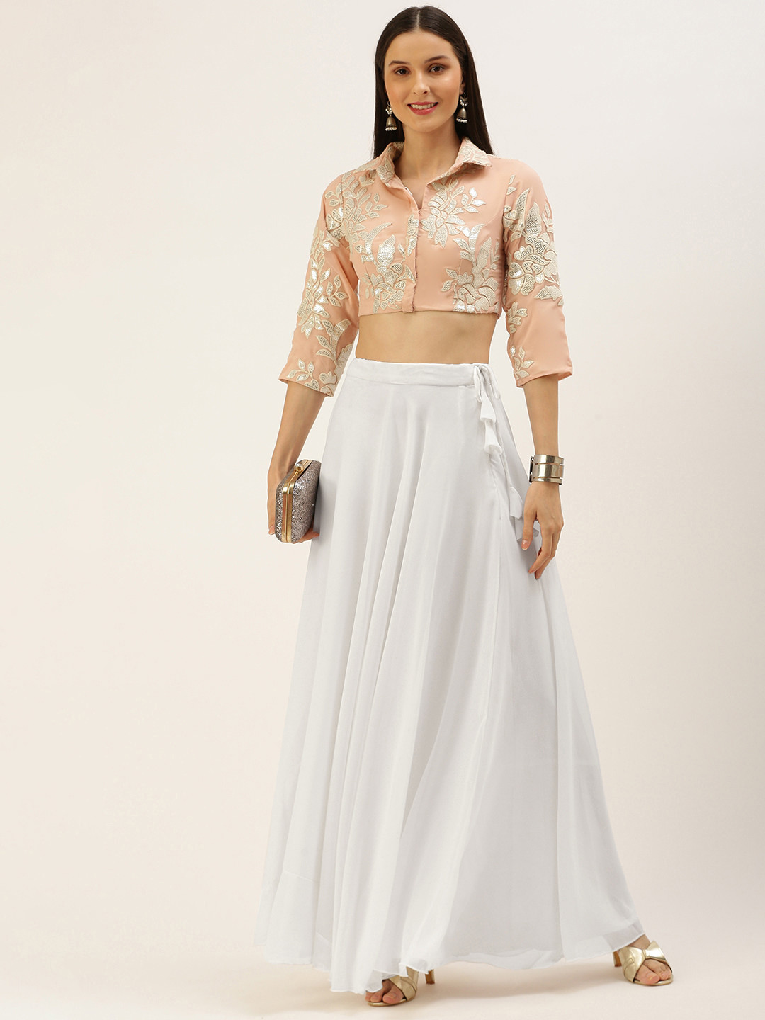 

Ethnovog Peach-Coloured White Embellished Ready to Wear Lehenga