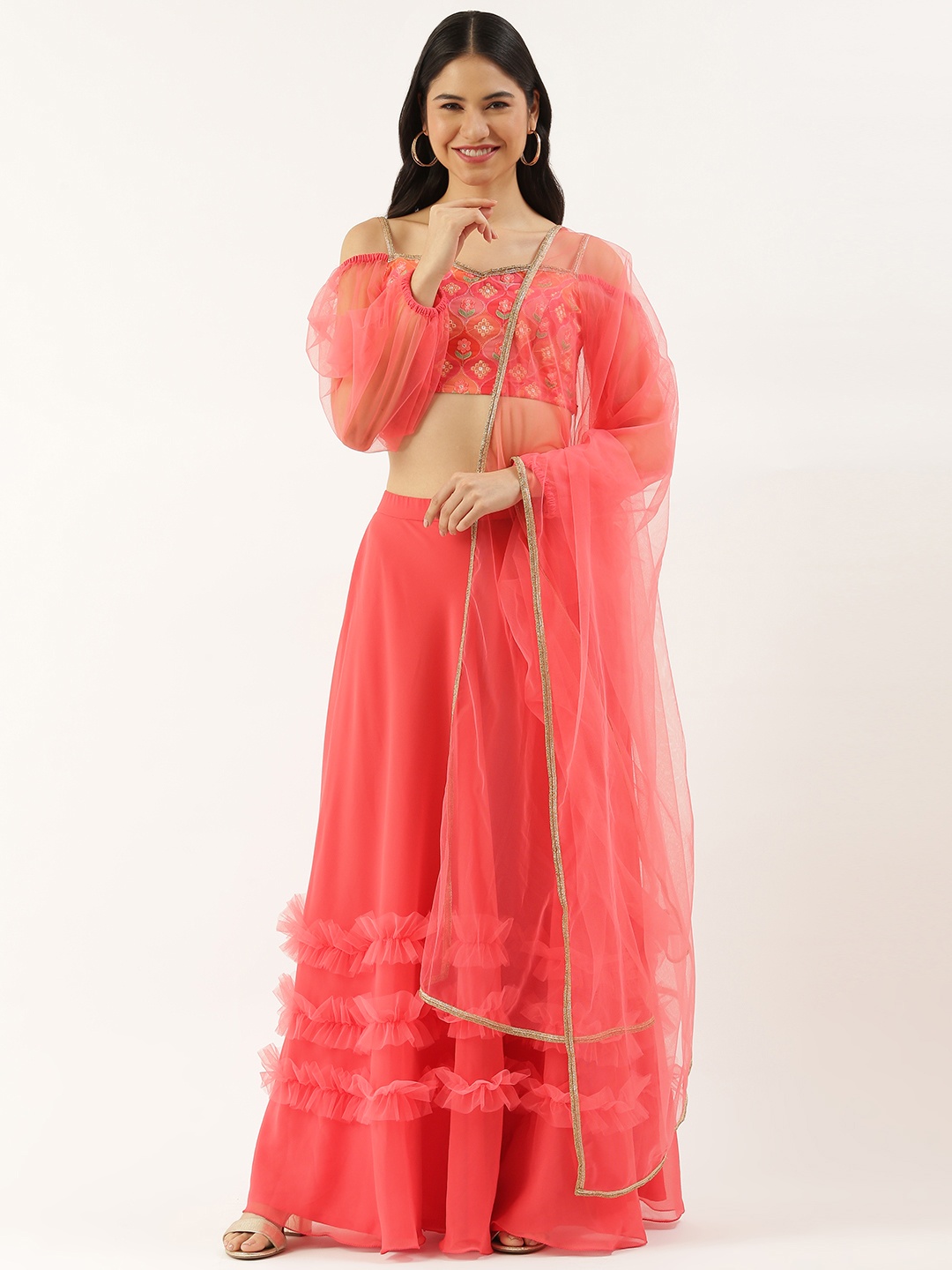 

Ethnovog Pink Embroidered Mirror Work Ready to Wear Lehenga Blouse With Dupatta