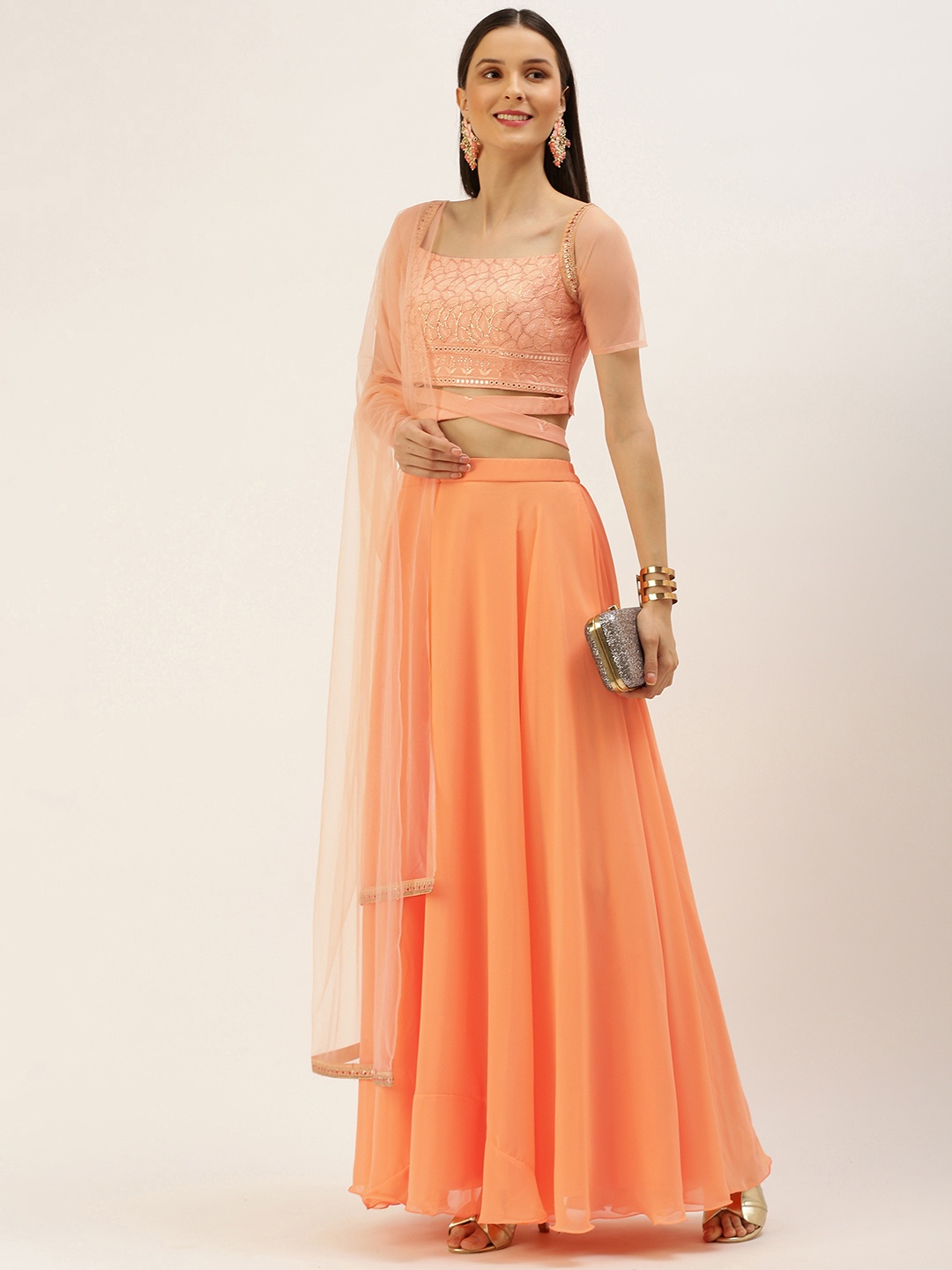 

Ethnovog Peach-Coloured Orange Embellished Sequinned Ready to Wear Lehenga Blouse With Dupatta