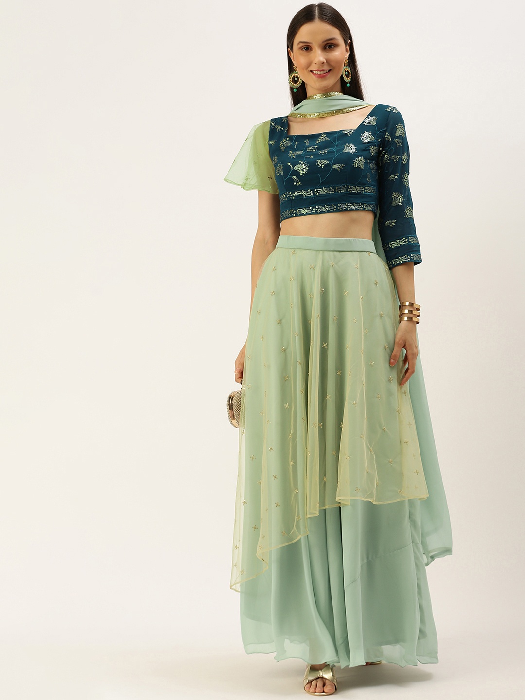

Ethnovog Navy Blue Green Embellished Sequinned Ready to Wear Lehenga Blouse With Dupatta