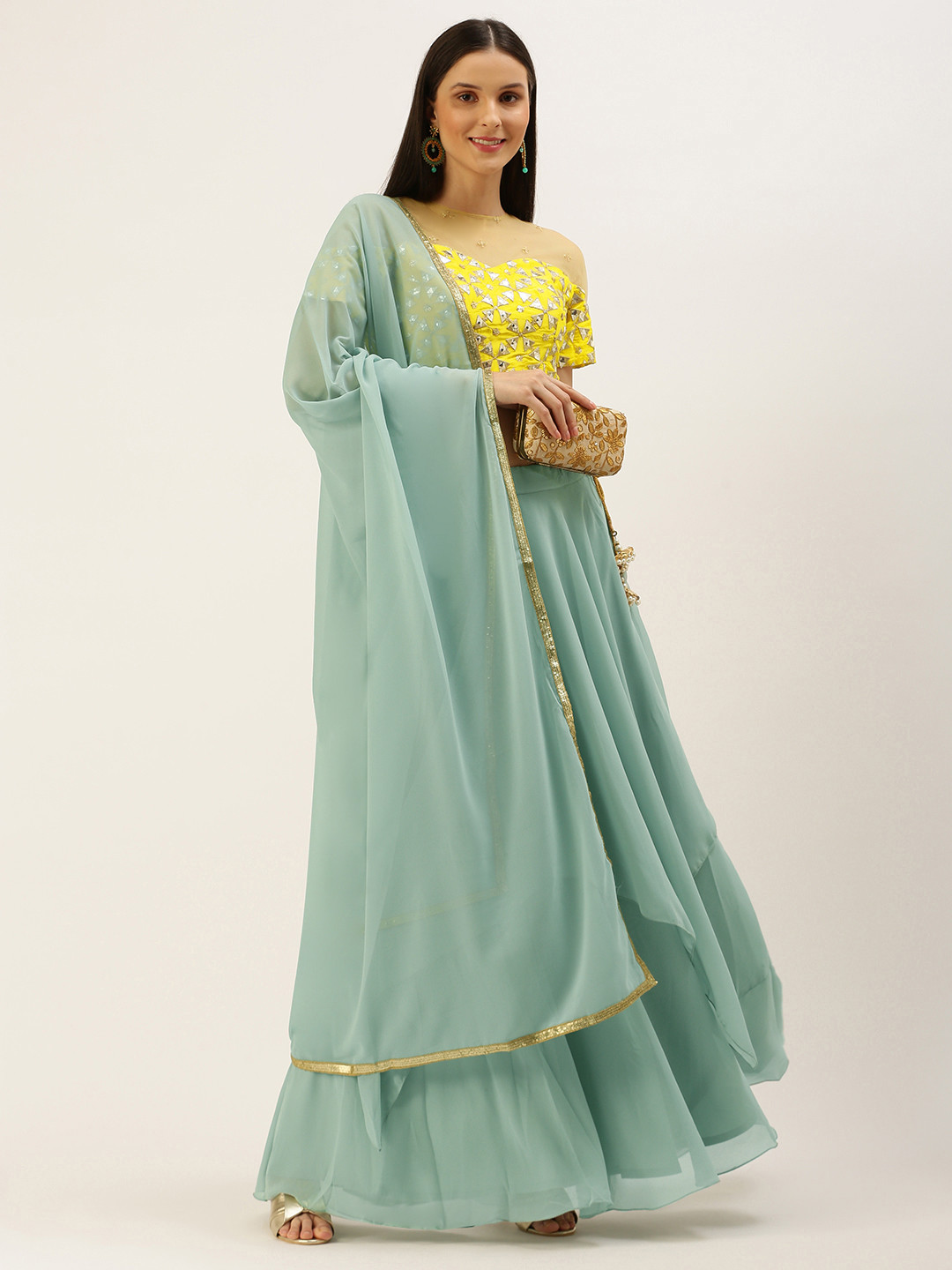 

Ethnovog Yellow Green Embellished Sequinned Ready to Wear Lehenga Blouse With Dupatta