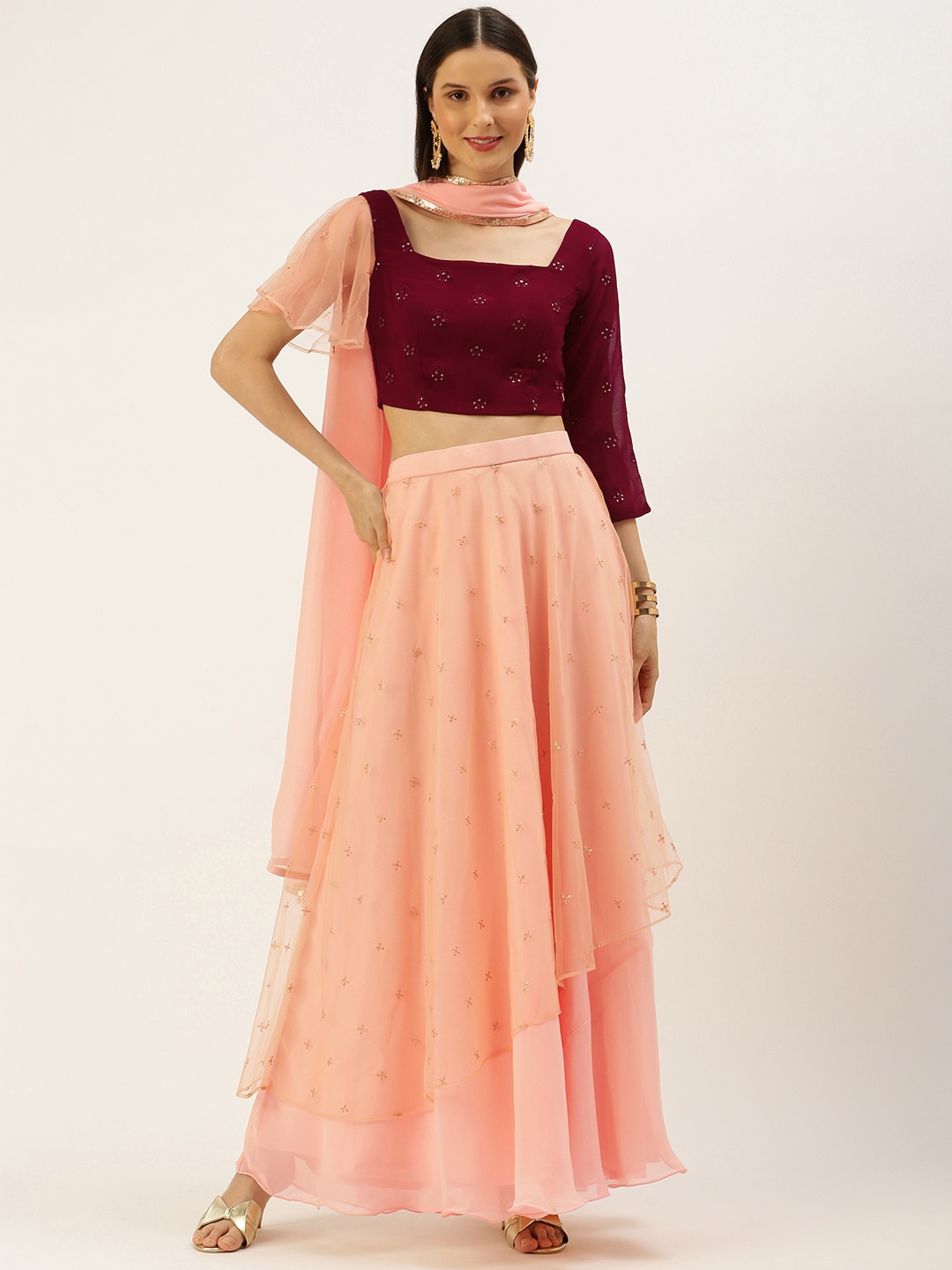 

Ethnovog Maroon Peach-Coloured Embellished Ready to Wear Lehenga Blouse With Dupatta