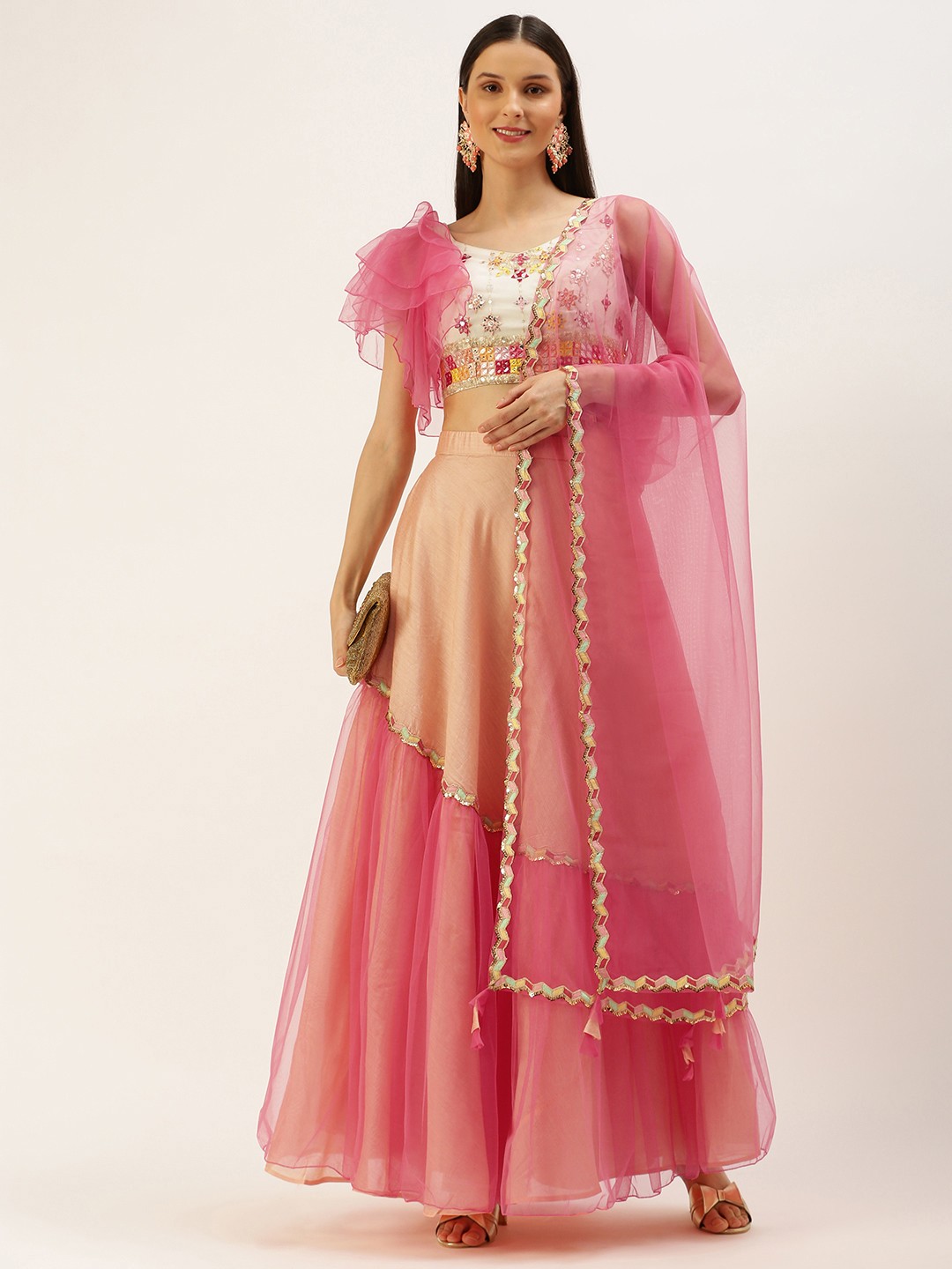 

Ethnovog Off White Pink Embellished Sequinned Ready to Wear Lehenga Blouse With Dupatta