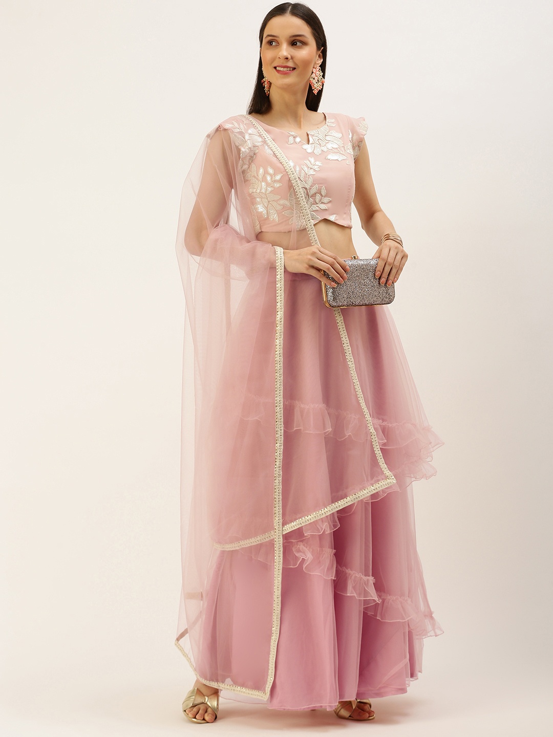 

Ethnovog Pink Embellished Ready to Wear Lehenga Blouse With Dupatta