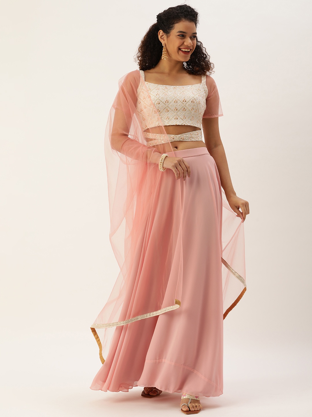 

Ethnovog Off White Pink Embellished Sequinned Ready to Wear Lehenga Blouse With Dupatta