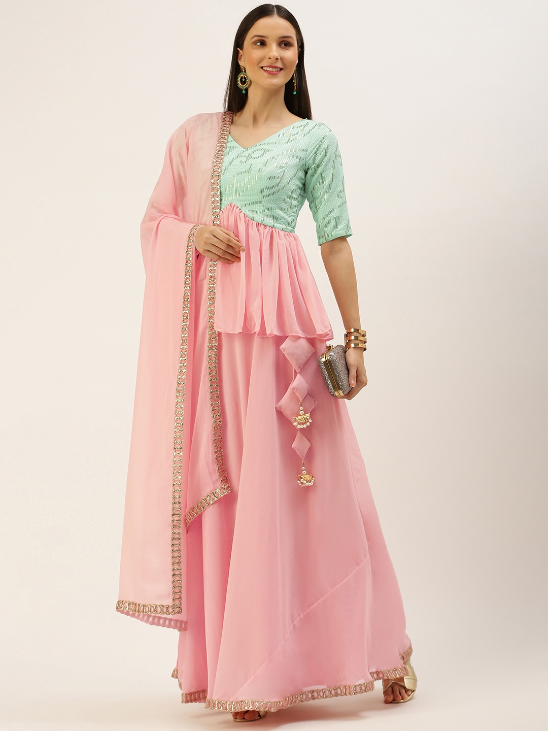 

Ethnovog Pink Embellished Ready to Wear Lehenga Blouse With Dupatta