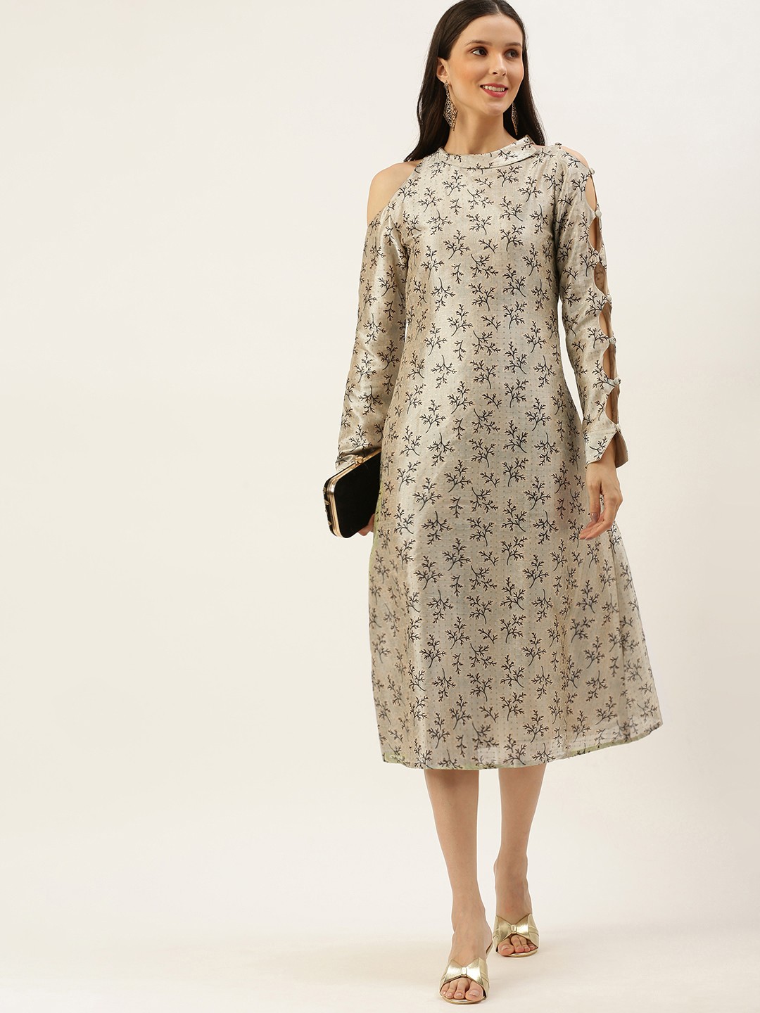 

Ethnovog Women Off White Brown Floral Print A-Line Made To Measure Dress