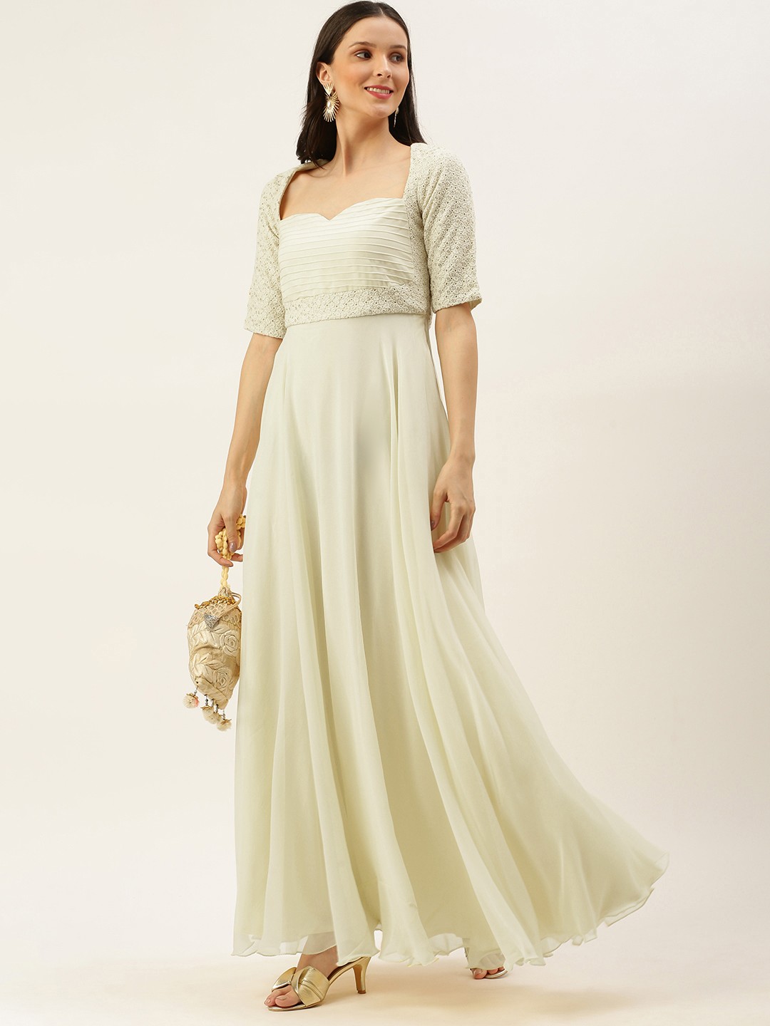 

Ethnovog Women Off White Embroidered Georgette A-Line Maxi Made To Measure Dress