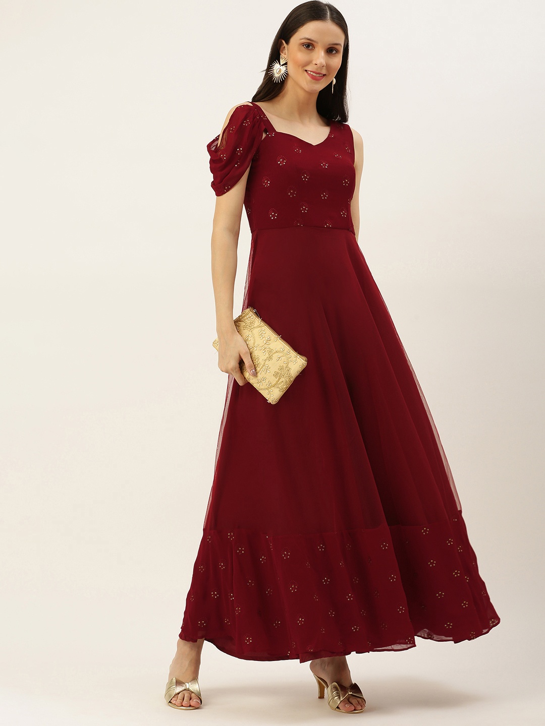 

Ethnovog Women Maroon Embellished Georgette A-Line Maxi Made To Measure Dress