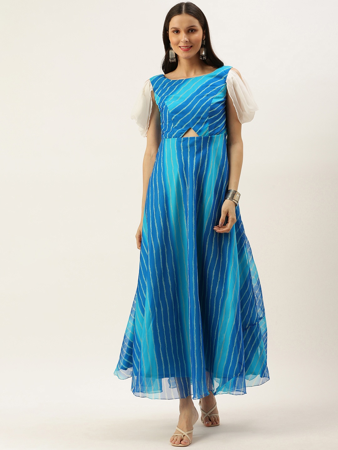 

Ethnovog Women Blue White Striped A-Line Maxi Made To Measure Dress