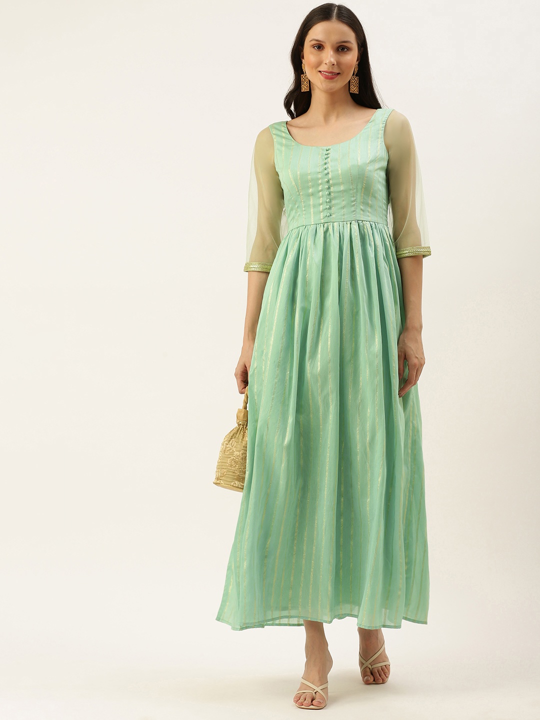 

Ethnovog Women Green Gold-Toned Striped A-Line Maxi Made To Measure Ethnic Dress