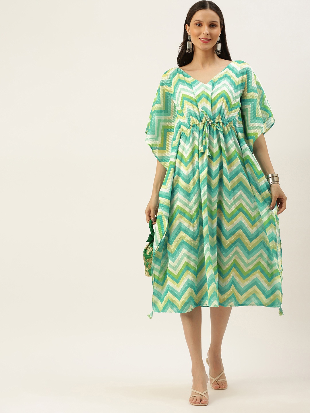 

Ethnovog Women Green White Chevron Print Kaftan Made To Measure Dress