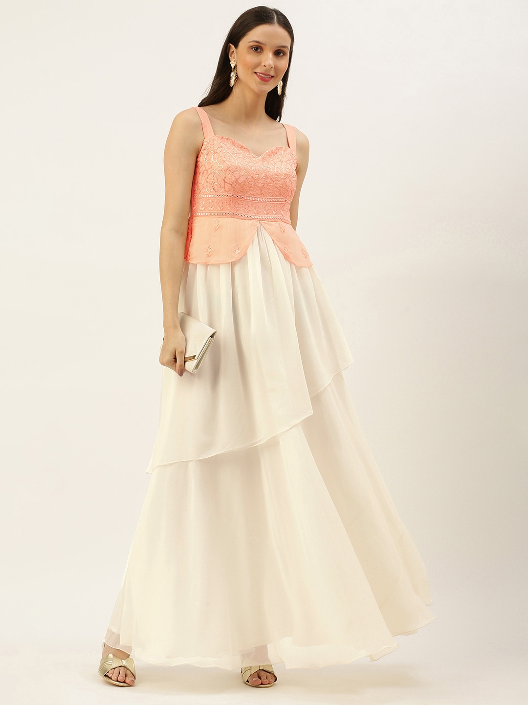 

Ethnovog Women White Peach-Coloured Embellished Georgette A-Line Made To Measure Dress