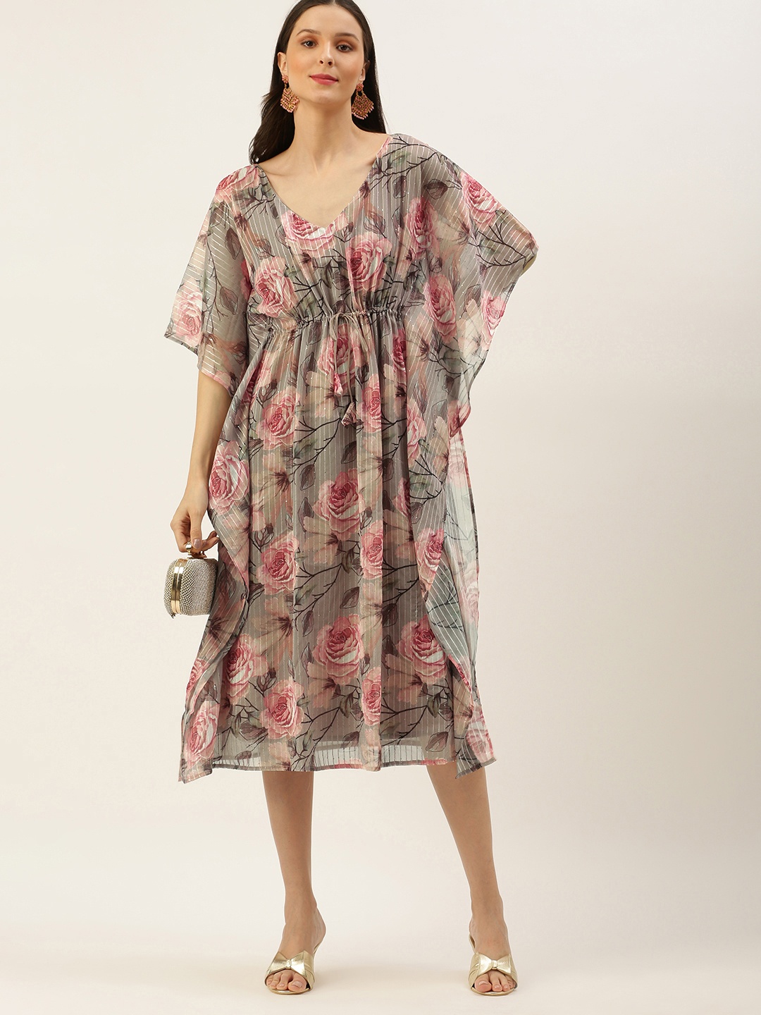 

Ethnovog Women Grey Pink Floral Print Georgette Kaftan Made To Measure Dress