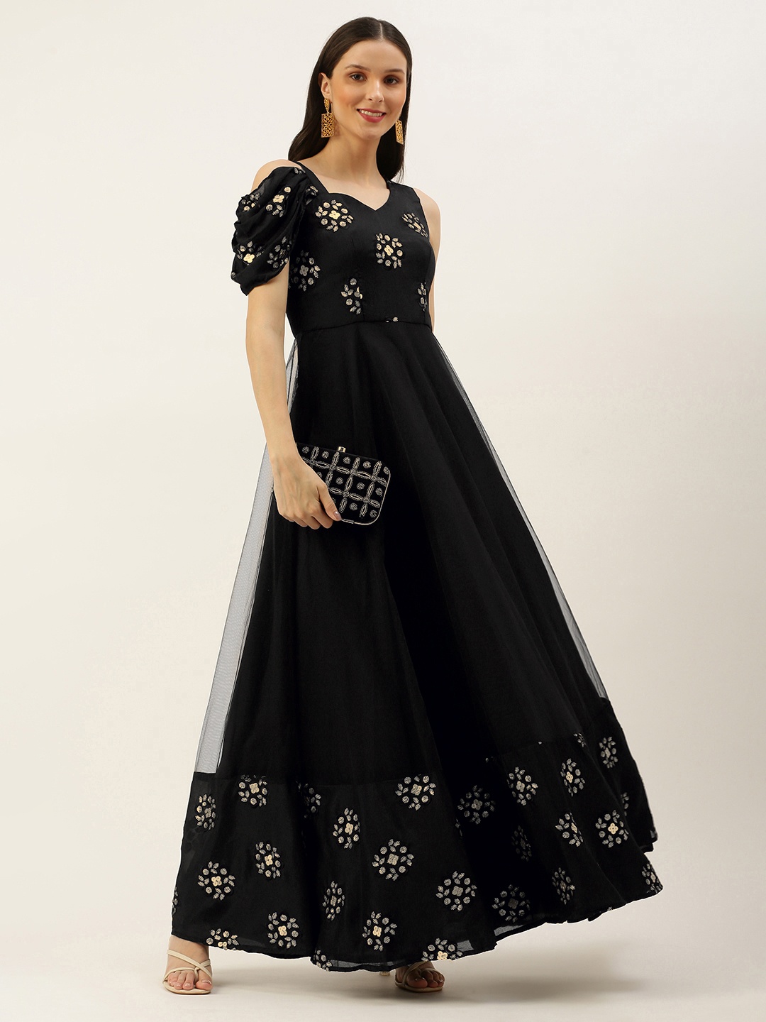 

Ethnovog Women Black Made To Measure Embroidered Cold-Shoulder Gown
