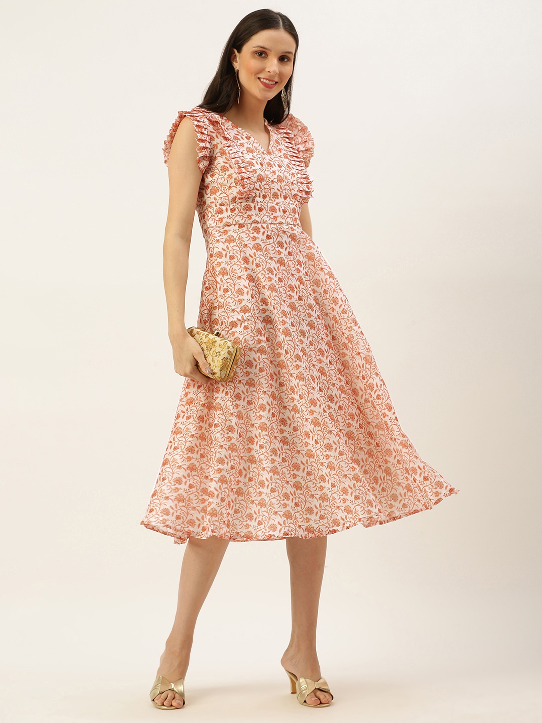 

Ethnovog Off White Rust Brown Made To Measure Ethnic Motifs A-Line Dress