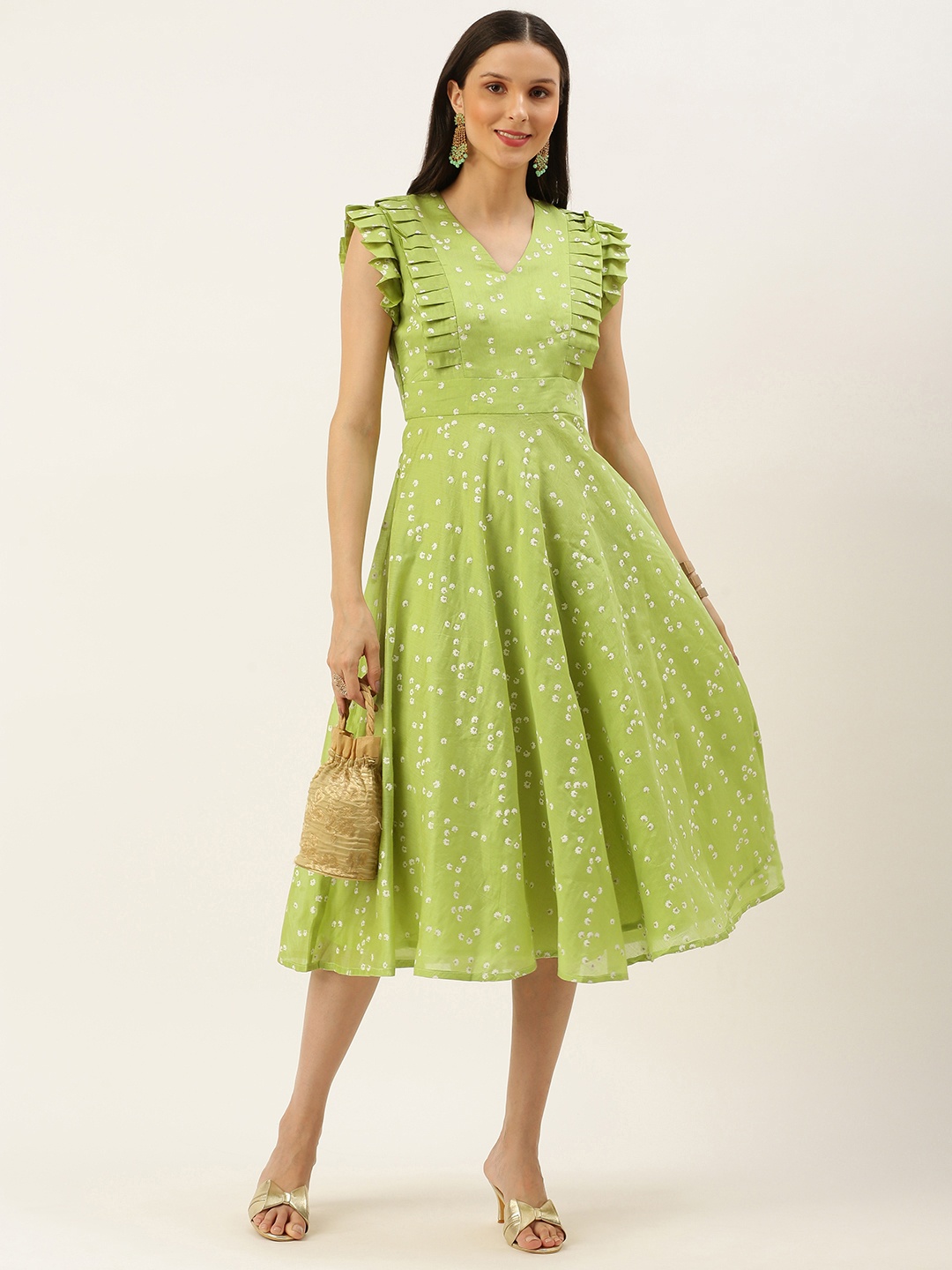

Ethnovog Green Made To Measure Pure Cotton Floral A-Line Midi Dress