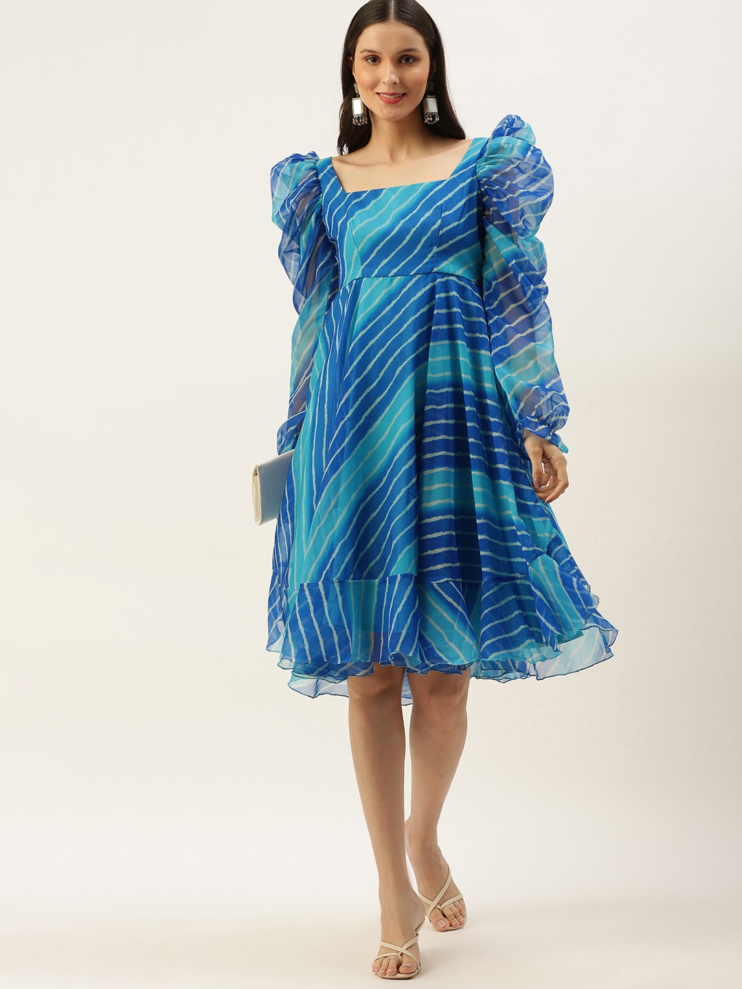 

Ethnovog Women Blue White Lehriya Print A-Line Made To Measure Dress