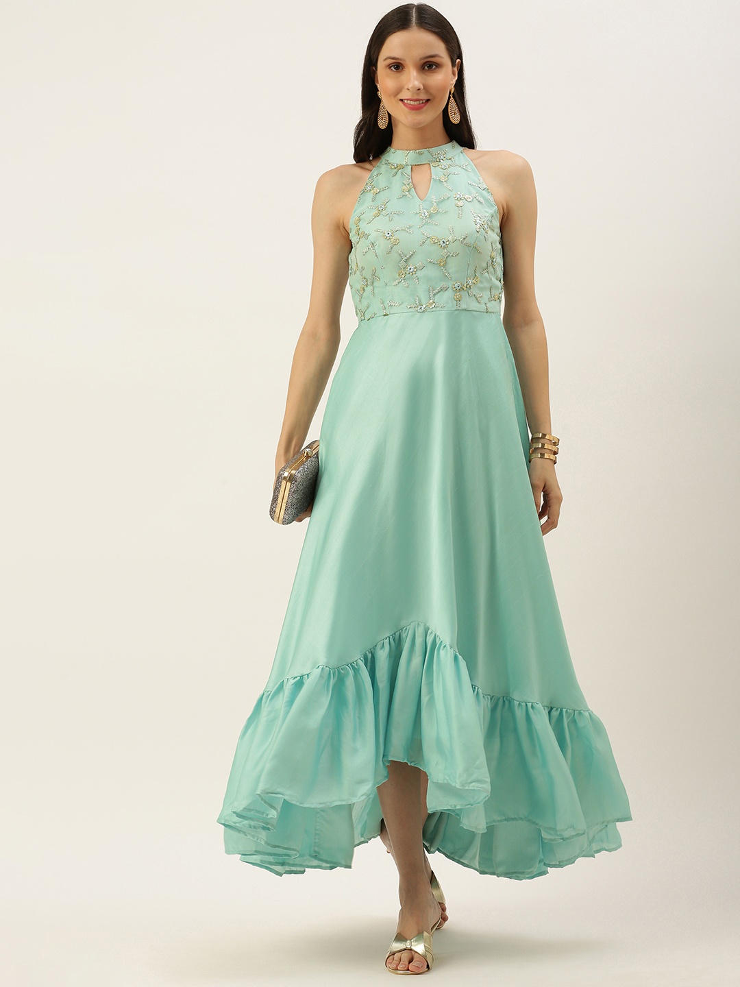 

Ethnovog Women Green Gold-Toned Floral Satin A-Line Midi Made To Measure Dress