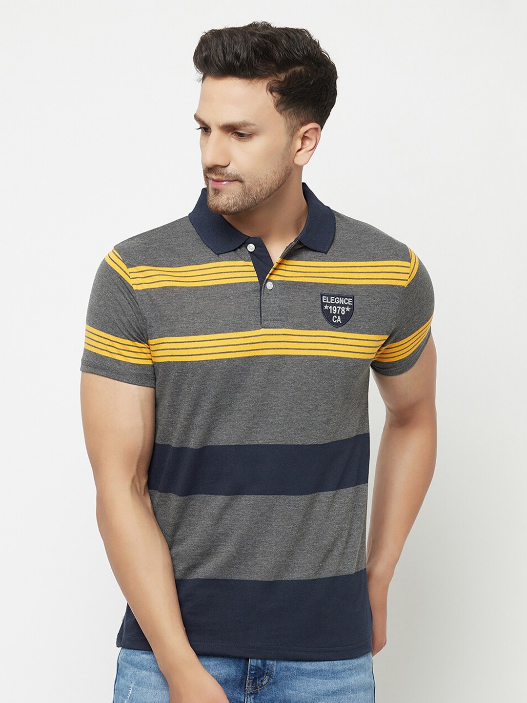 

ELEGANCE Men Multicoloured & shark Striped Polo Collar Applique T-shirt, Multi