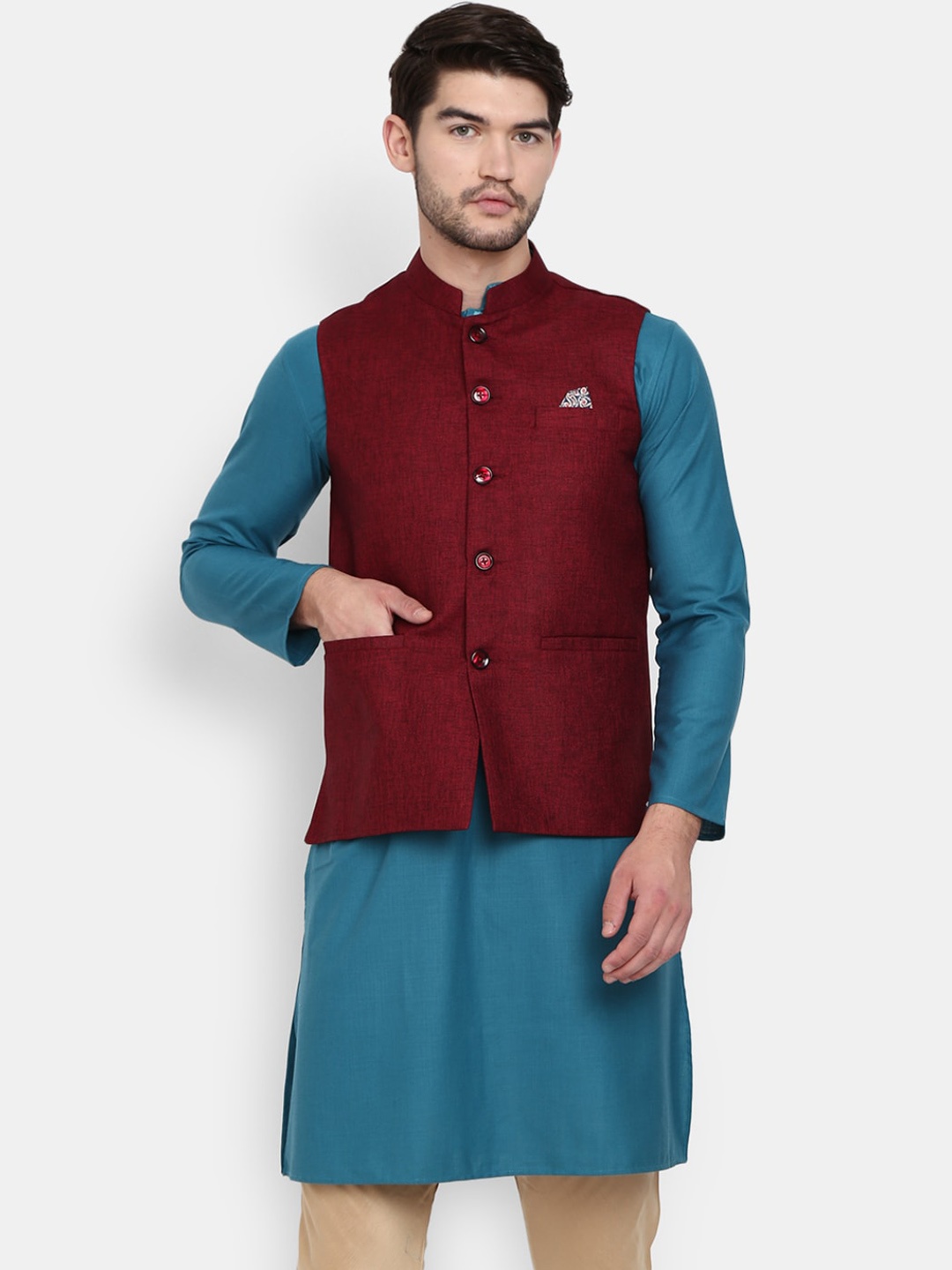 

V-Mart Men Maroon Solid Nehru Jackets