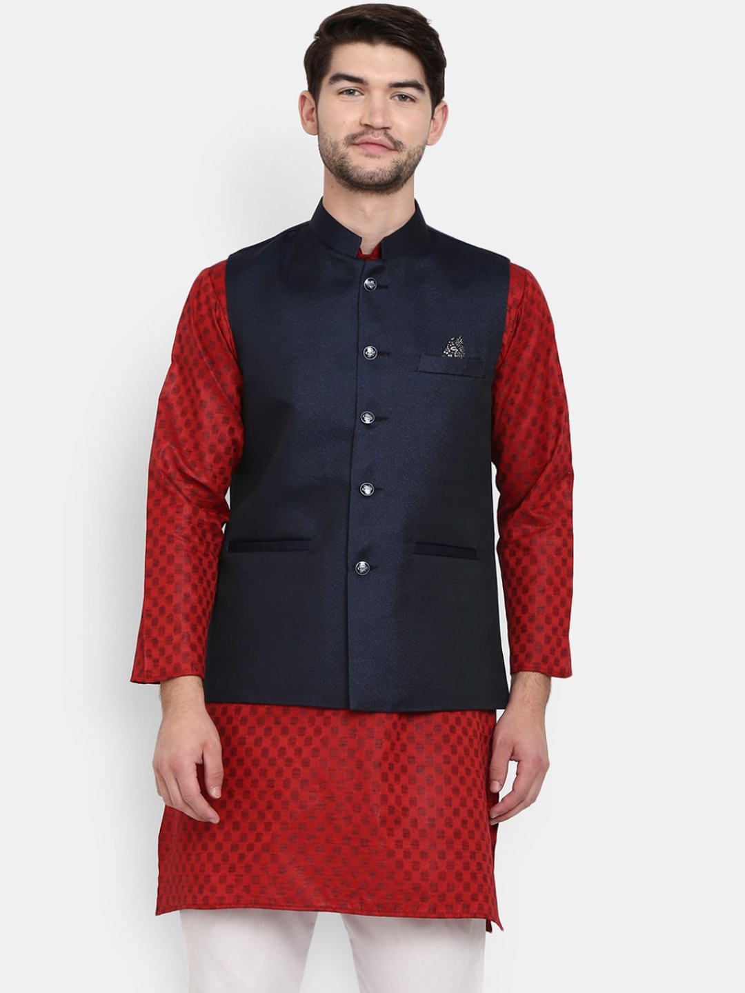 

V-Mart Men Navy Blue Solid Nehru Jackets