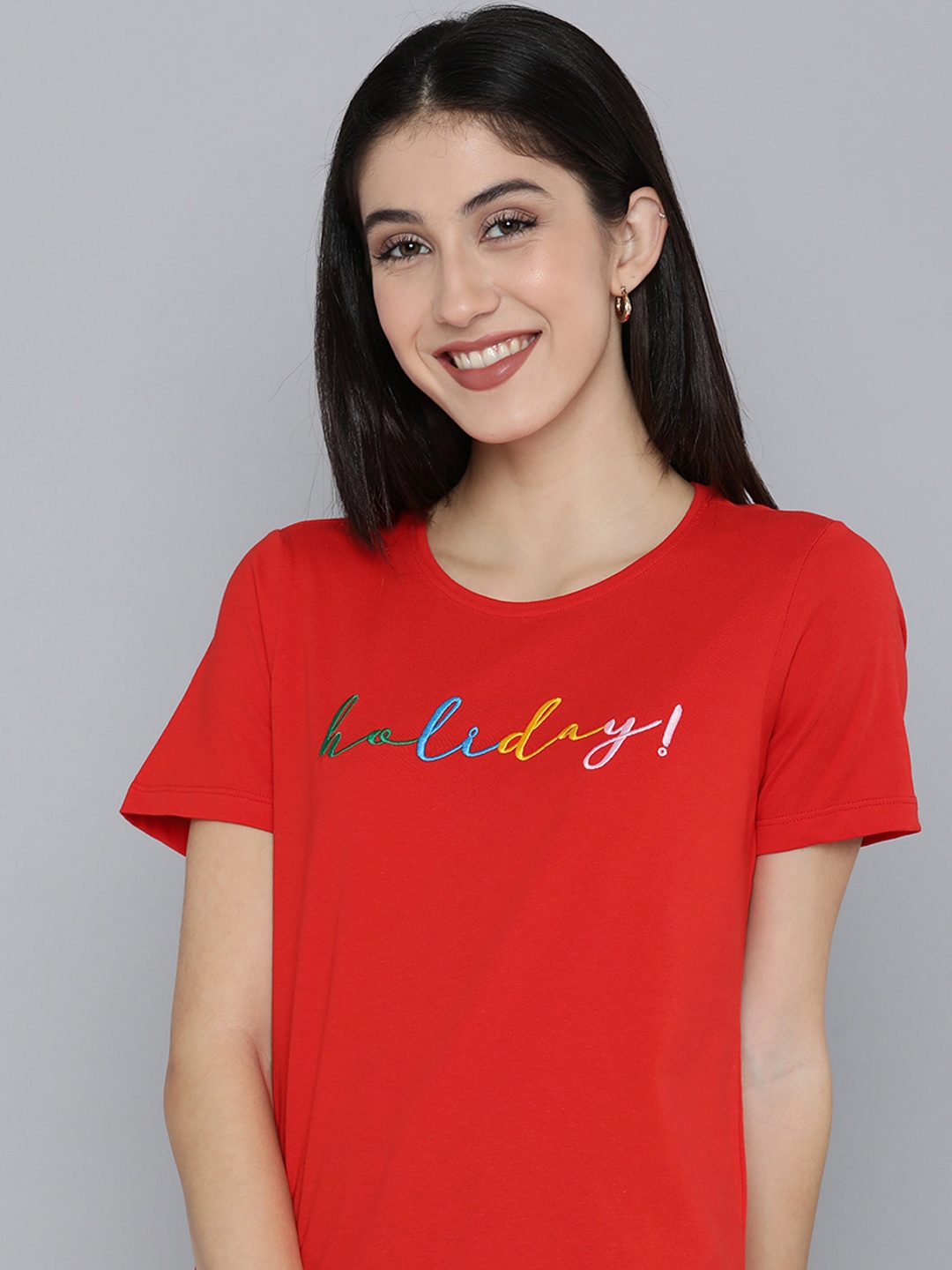 

Mast & Harbour Women Red Embroidered Typography Pure Cotton T-shirt