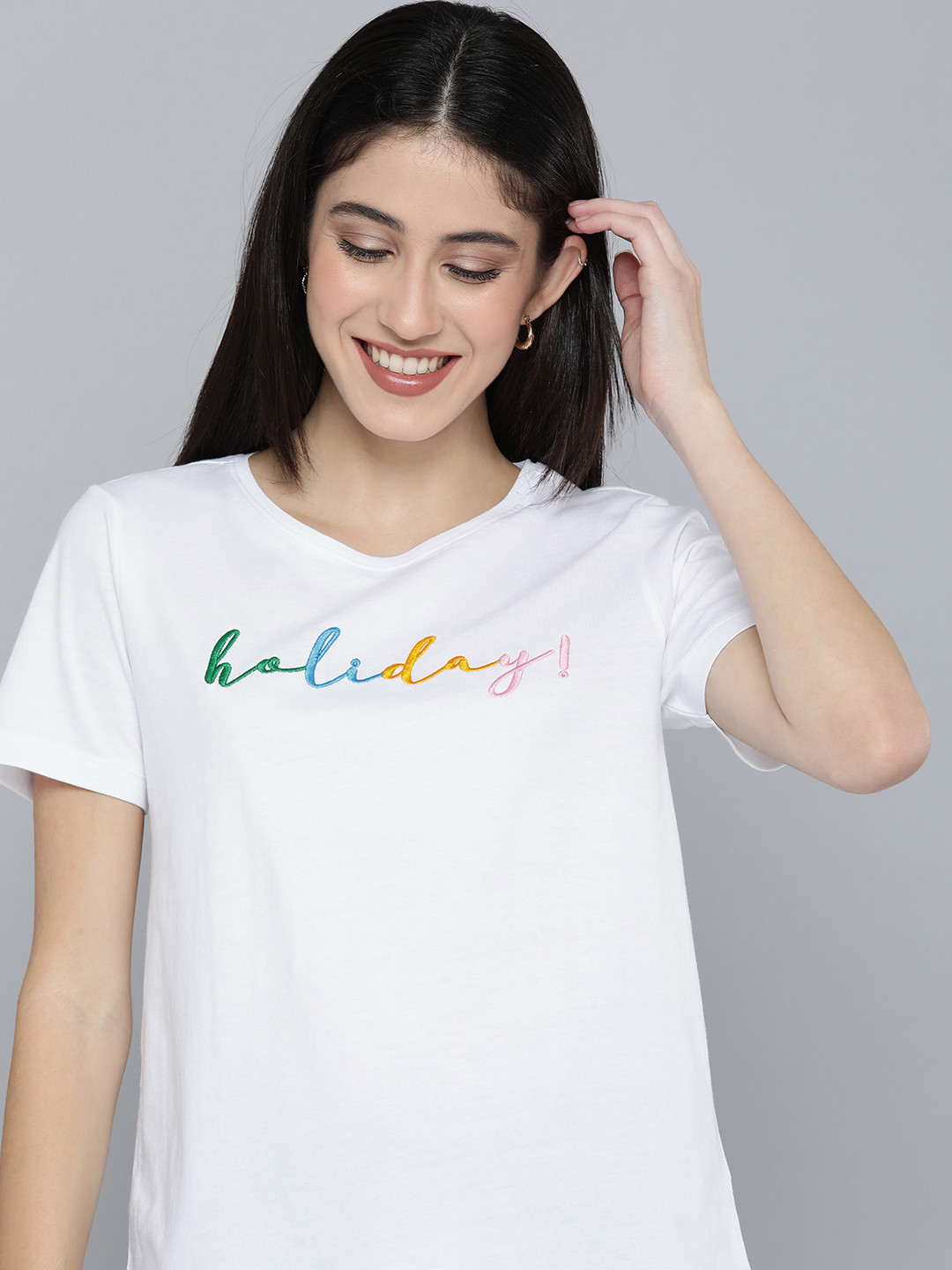 

Mast & Harbour Women White Embroidered Typography Pure Cotton T-shirt