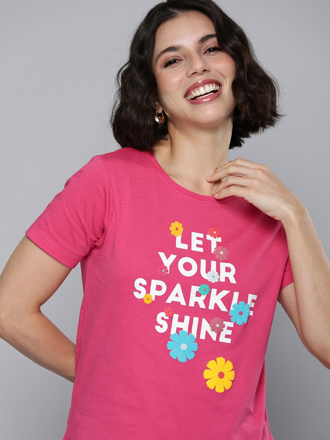 

Mast & Harbour Women Pink & White Typography Printed Pure Cotton T-shirt