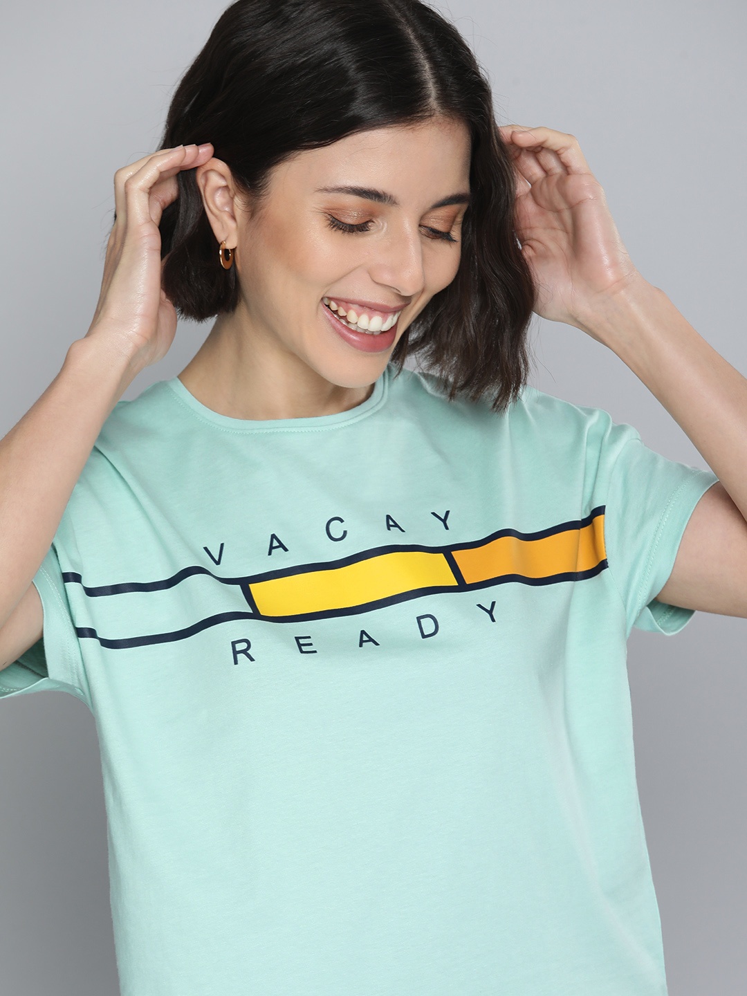 

Mast & Harbour Women Light Green & Yellow Typography Printed Pure Cotton Applique T-shirt