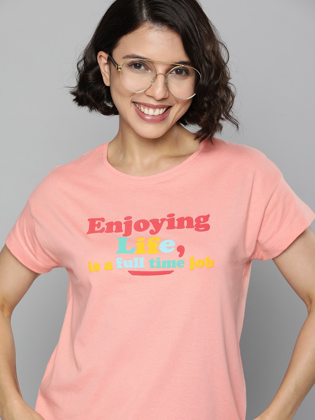 

Mast & Harbour Women Peach-Coloured Typography Printed Pure Cotton Applique T-shirt