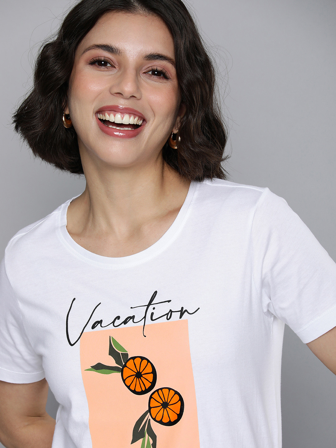 

Mast & Harbour Women White & Peach-Coloured Printed Pure Cotton T-shirt
