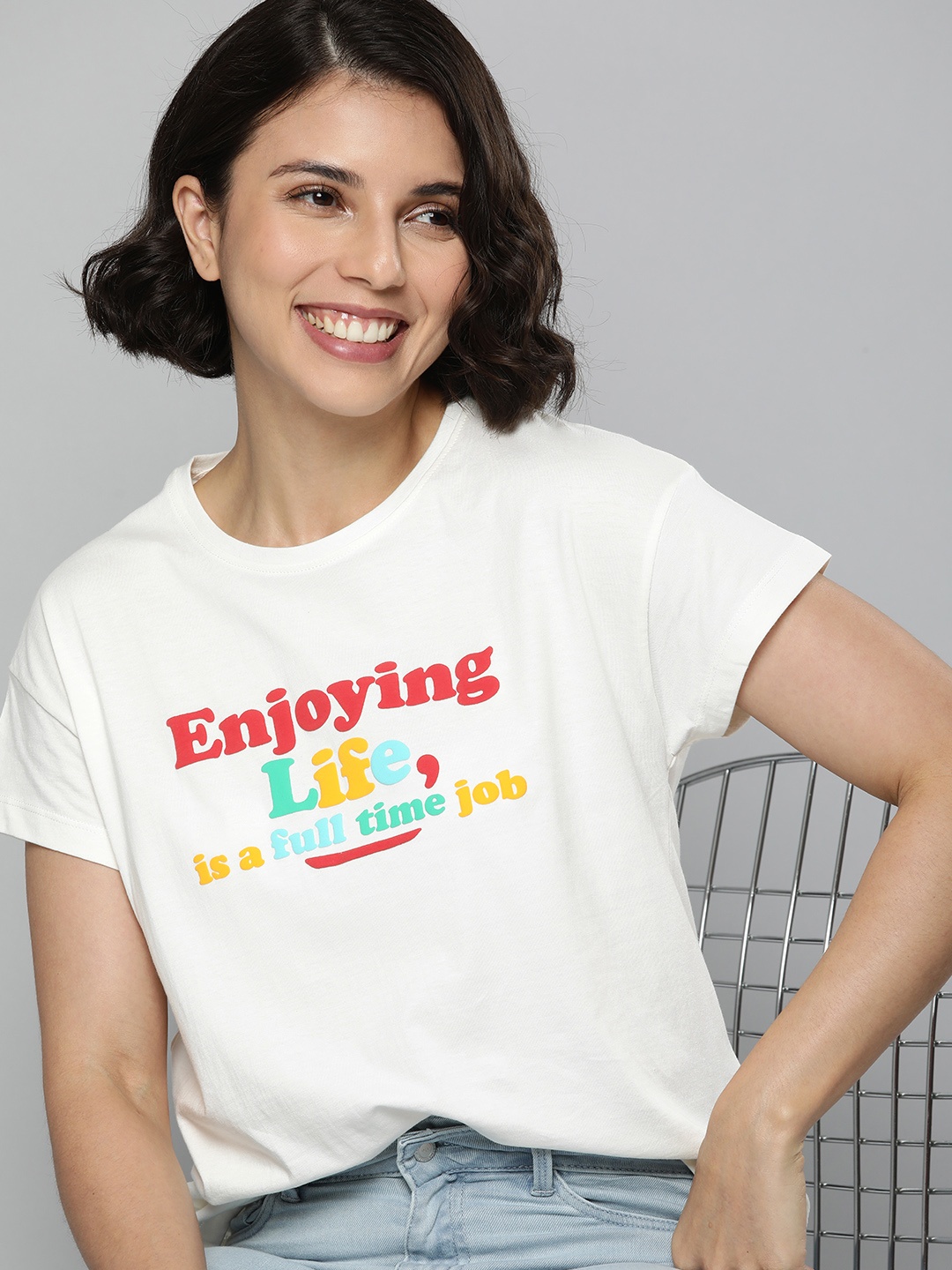 

Mast & Harbour Women White Typography Printed Pure Cotton Applique T-shirt