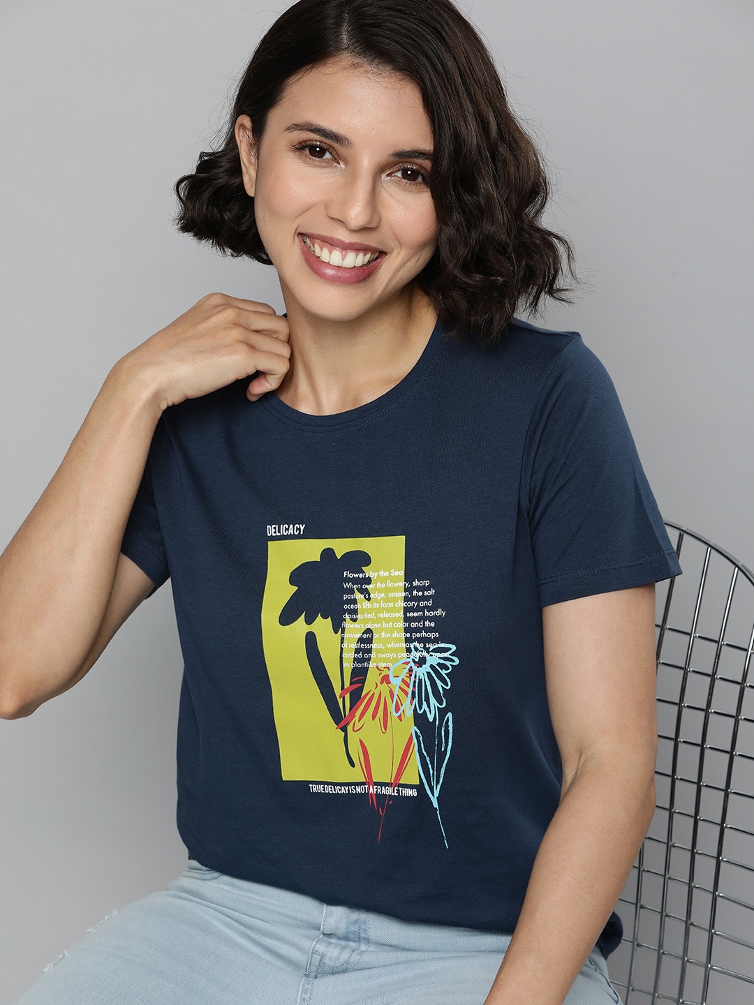 

Mast & Harbour Women Blue & Yellow Graphic Printed Pure Cotton T-shirt