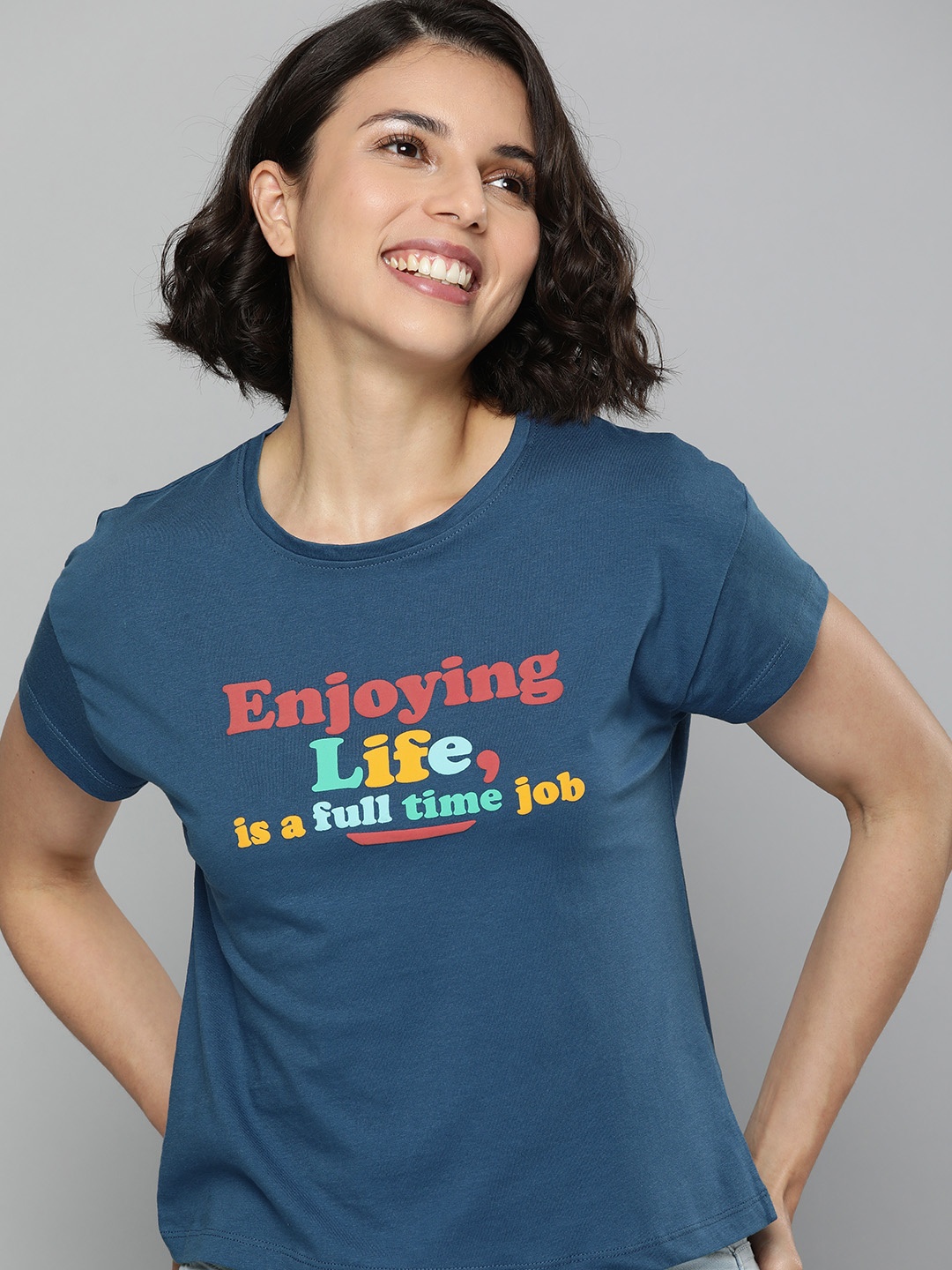 

Mast & Harbour Women Blue Typography Printed Pure Cotton Applique T-shirt