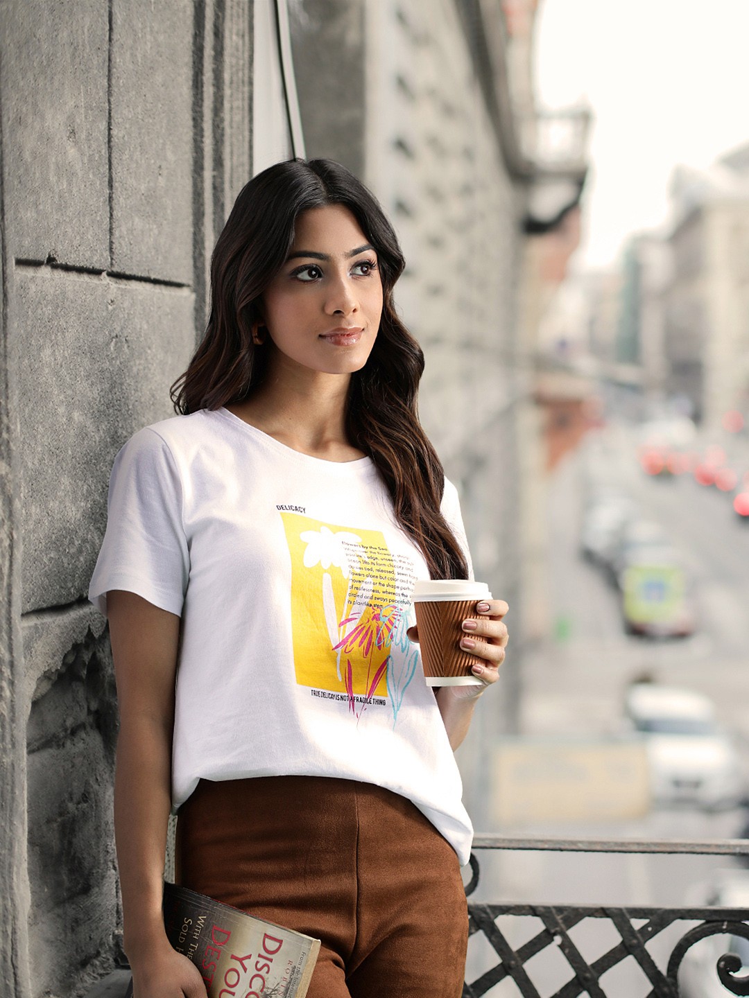 

Mast & Harbour Women White & Mustard Yellow Graphic Printed Pure Cotton T-shirt