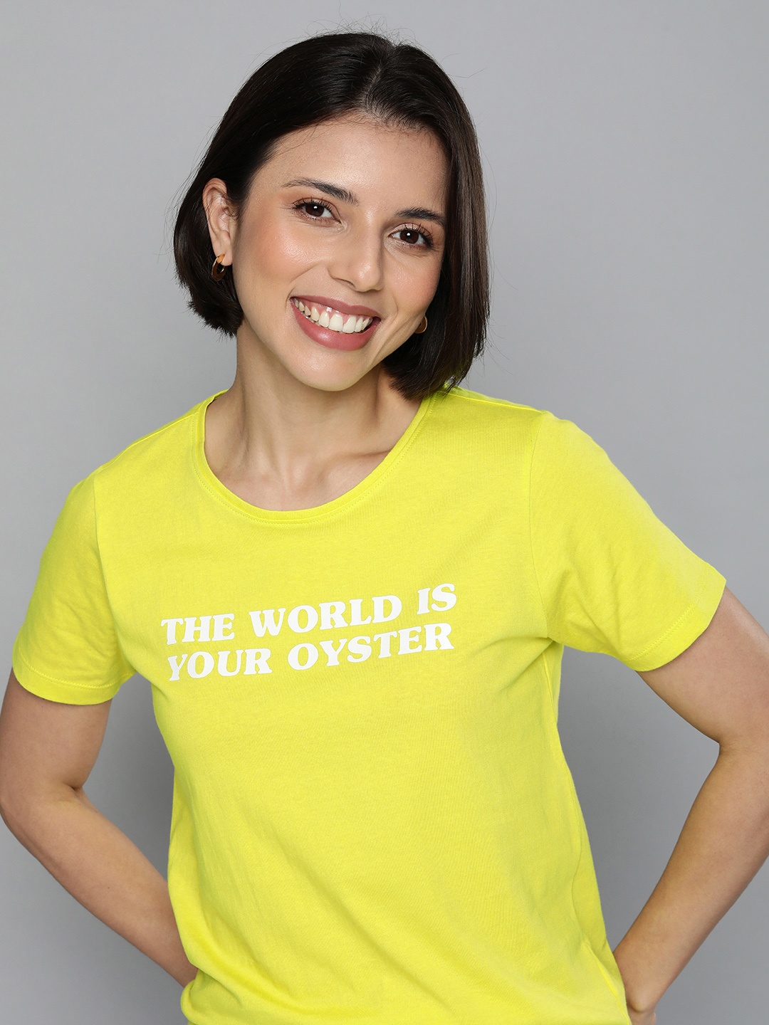 

Mast & Harbour Women Fluorescent Green Typography Printed Pure Cotton T-shirt