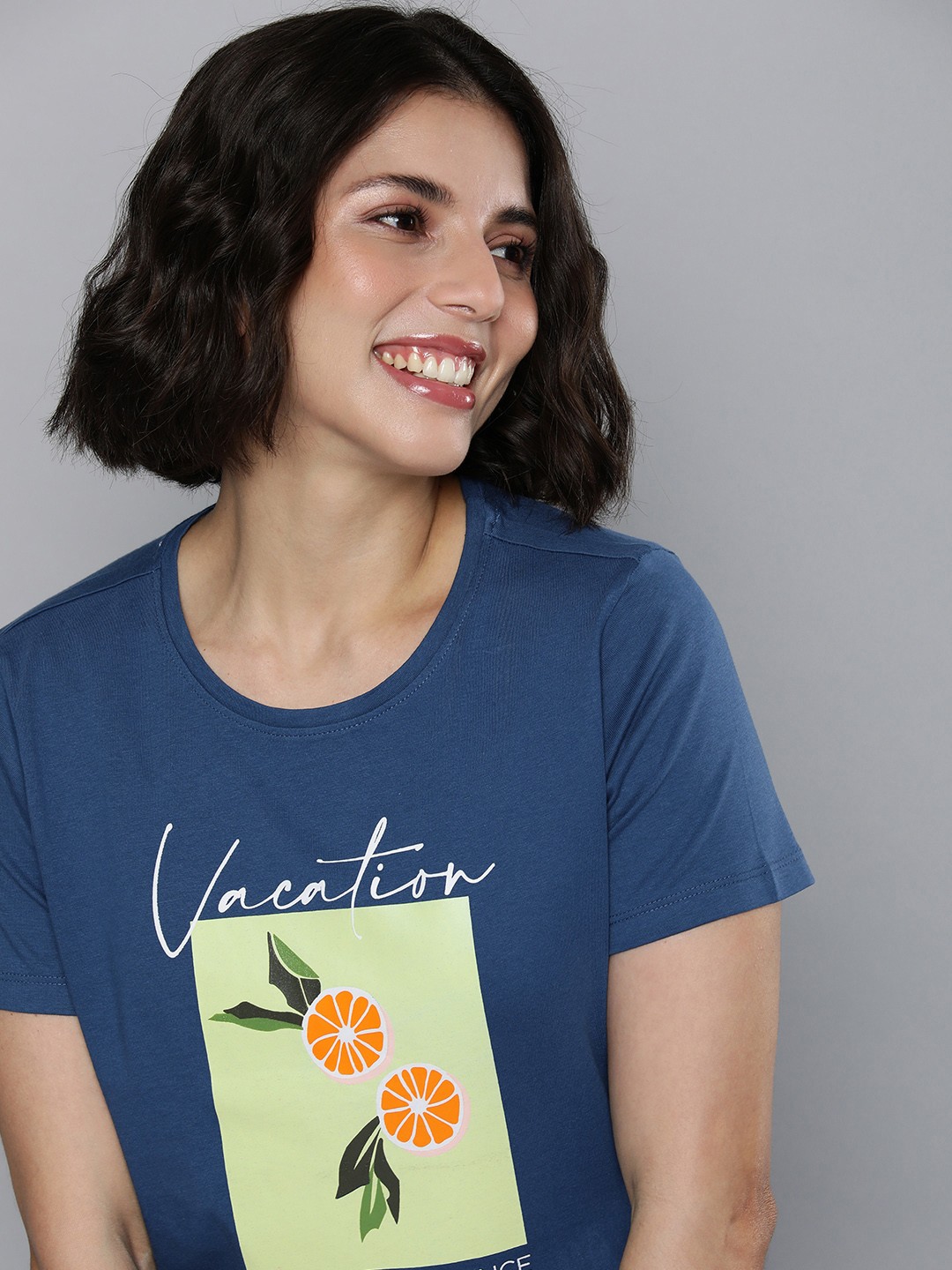 

Mast & Harbour Women Navy Blue Typography Printed Pure Cotton T-shirt