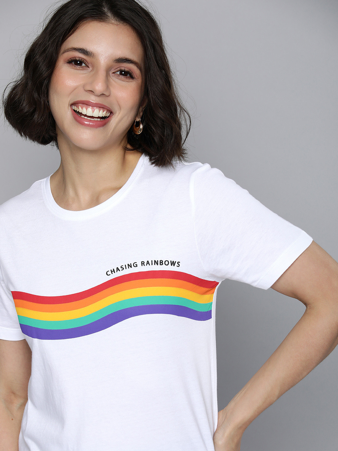 

Mast & Harbour Women White Rainbow Striped Pure Cotton T-shirt