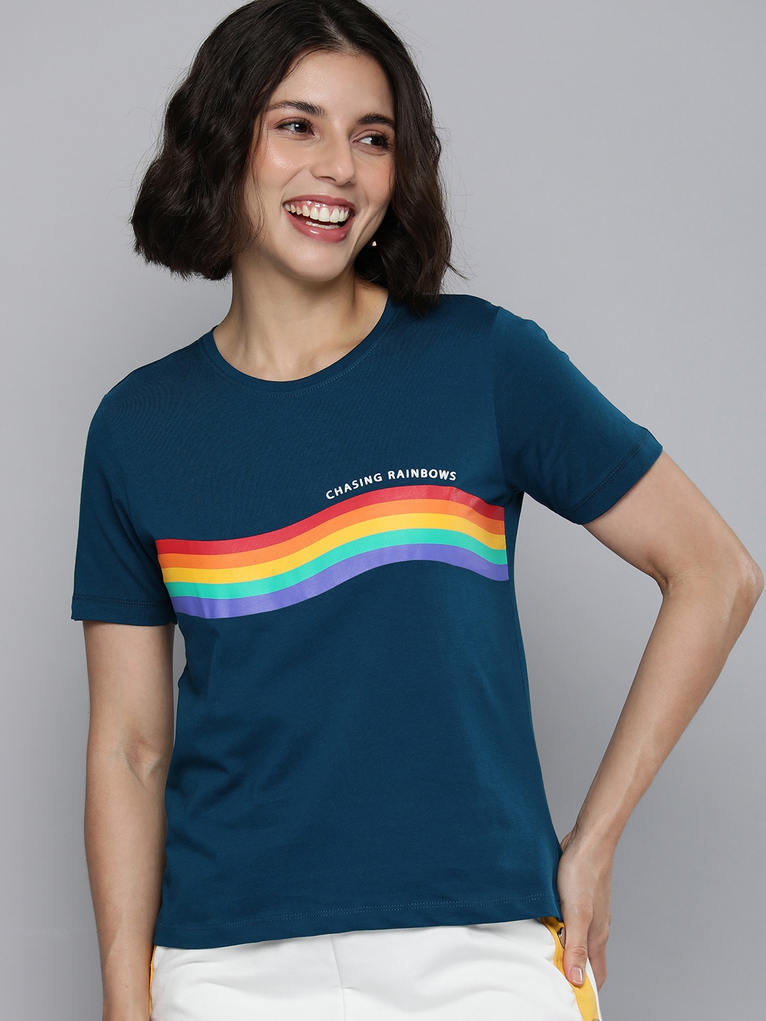 

Mast & Harbour Women Teal Blue Rainbow Striped Pure Cotton T-shirt