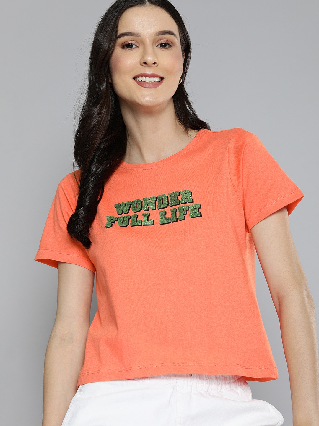 

Mast & Harbour Women Coral Orange Typography Print Round Neck Pure Cotton T-shirt