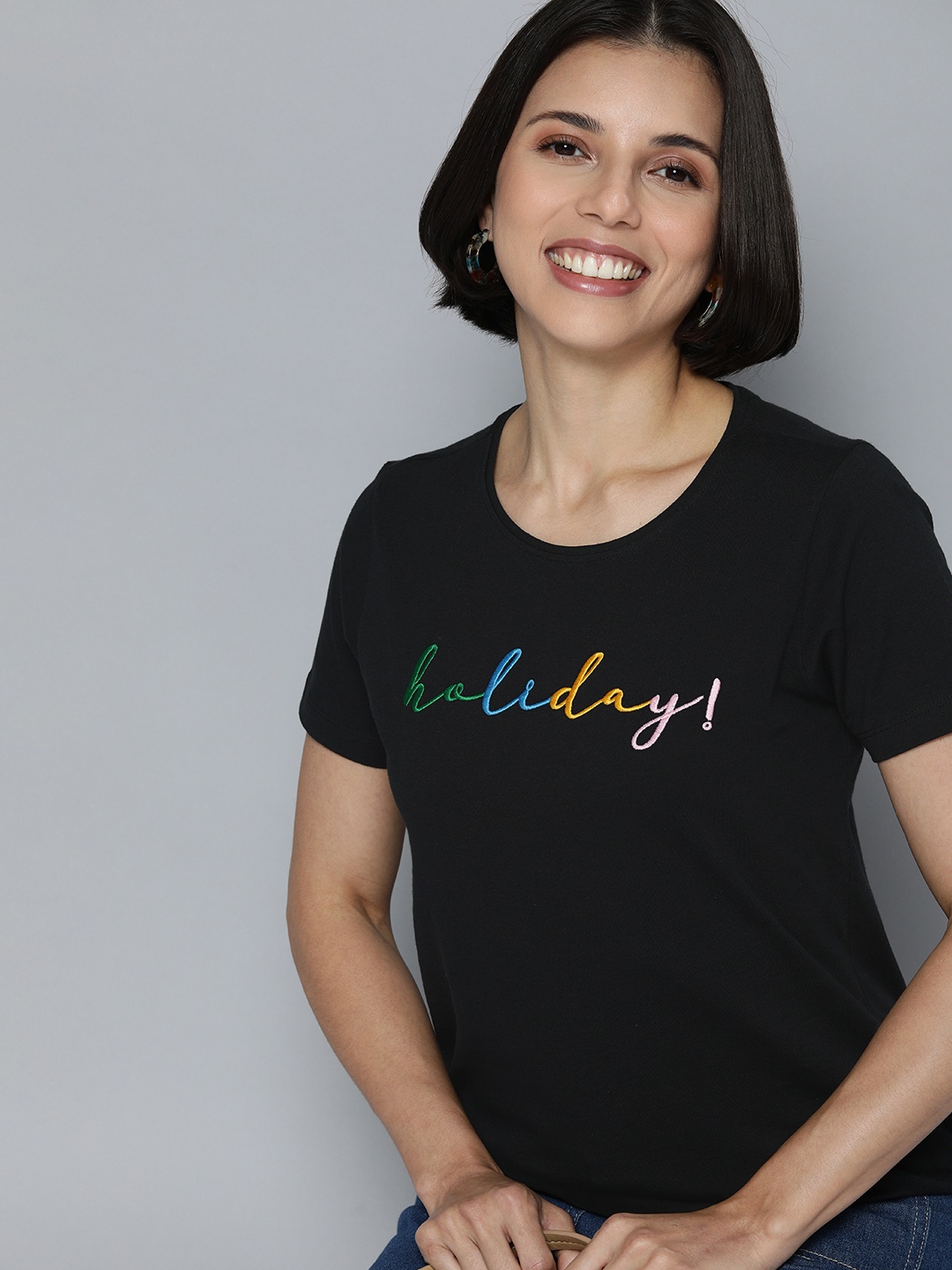 

Mast & Harbour Women Black Applique Slim Fit Casual T-shirt