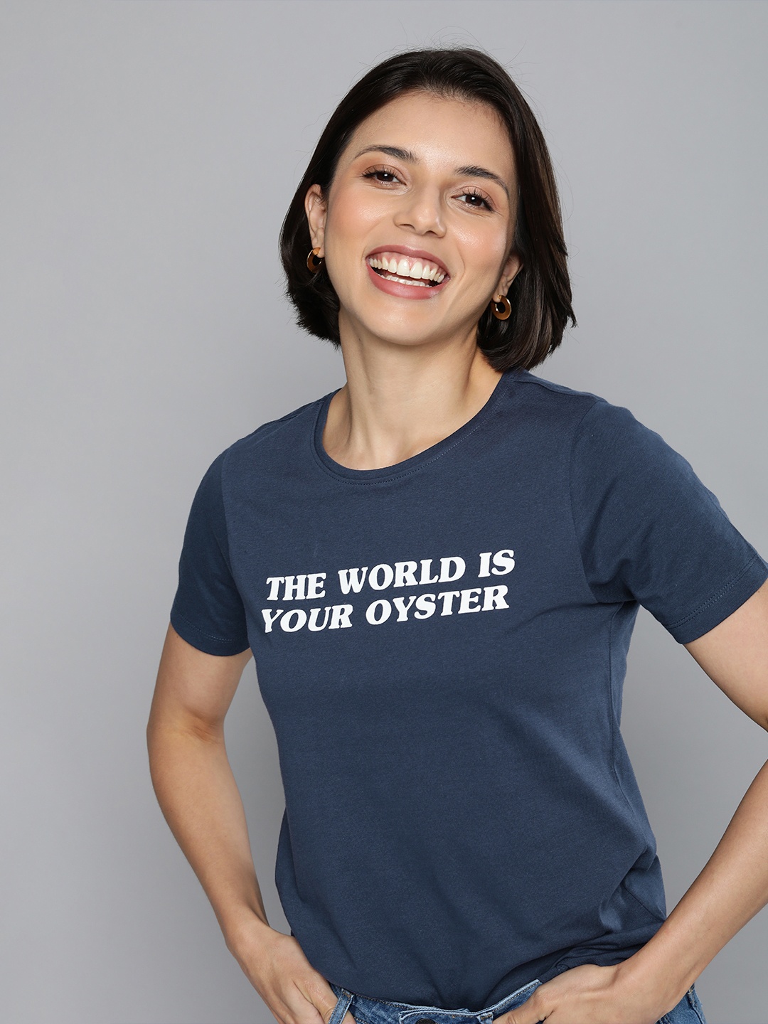

Mast & Harbour Women Blue Typography Printed Pure Cotton T-shirt